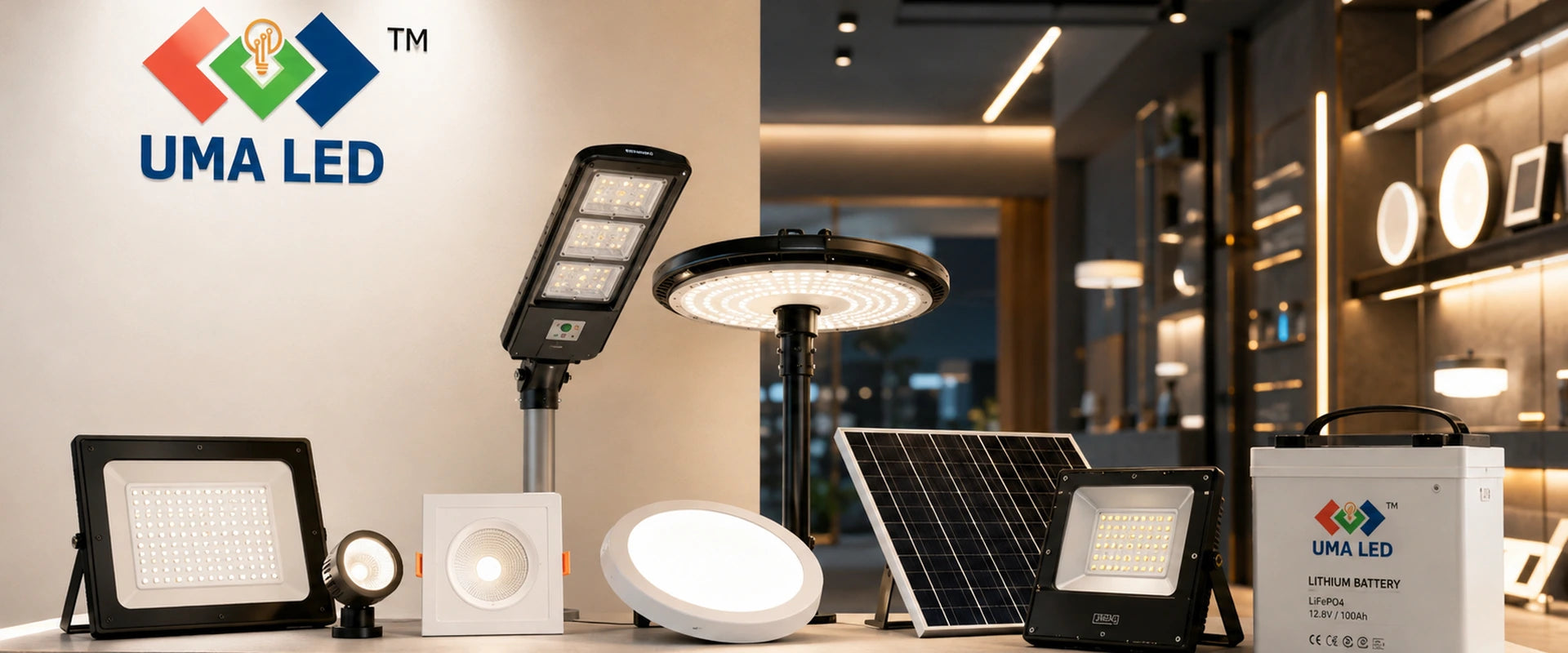 A collection of UMA LED outdoor lighting products displayed on a table, including street lamps, solar lights, and a solar panel, with a branded box next to them. The background is split between a clean white wall on the left and a modern interior showroom on the right.