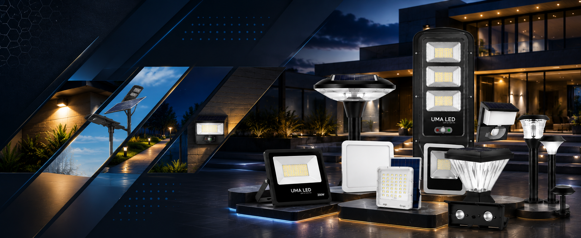 A collection of outdoor and landscape lighting products from UAI LED, displayed on black pedestals in a modern outdoor patio setting at night.