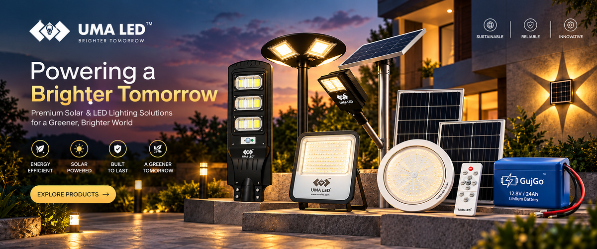 Uma LED showcases a range of solar and LED lighting products, including solar-powered pathway lights, a high-bay light, a panel light, a remote control, and a blue LiFePO4 battery, set against a modern house at dusk with warm lights glowing from within.
