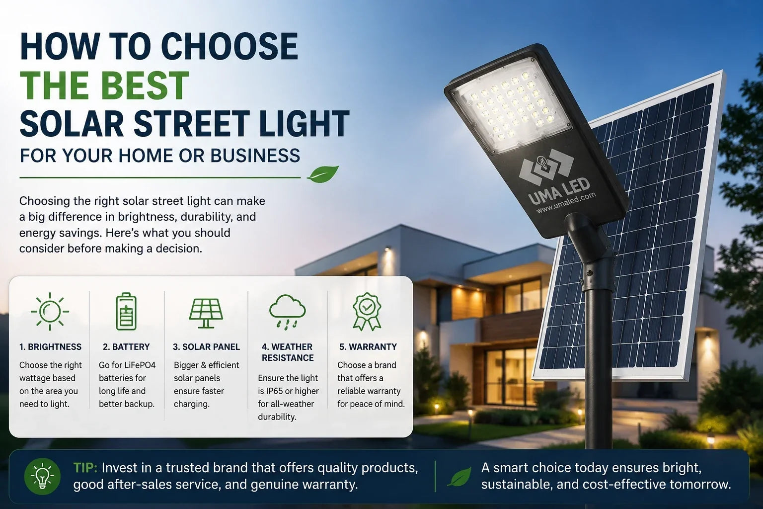 Infographic by UMA LED explaining what to consider when buying a solar street light for your home or business.