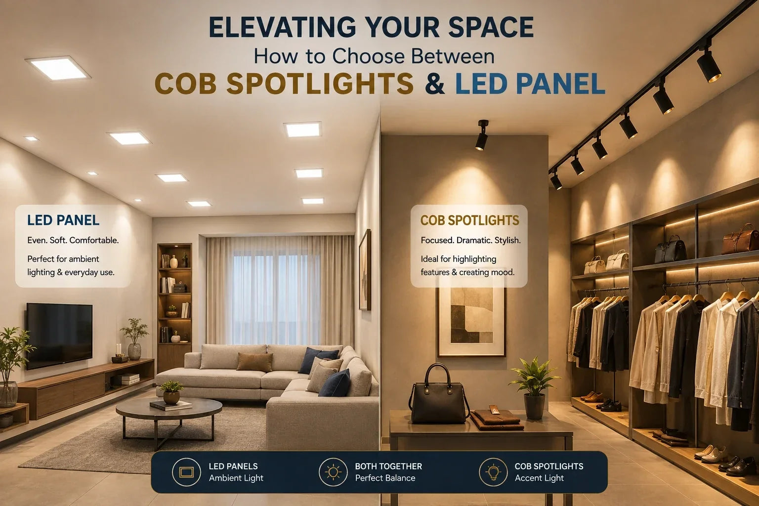 COB spotlights vs LED panel lights comparison for ambient and accent lighting in modern residential and commercial spaces