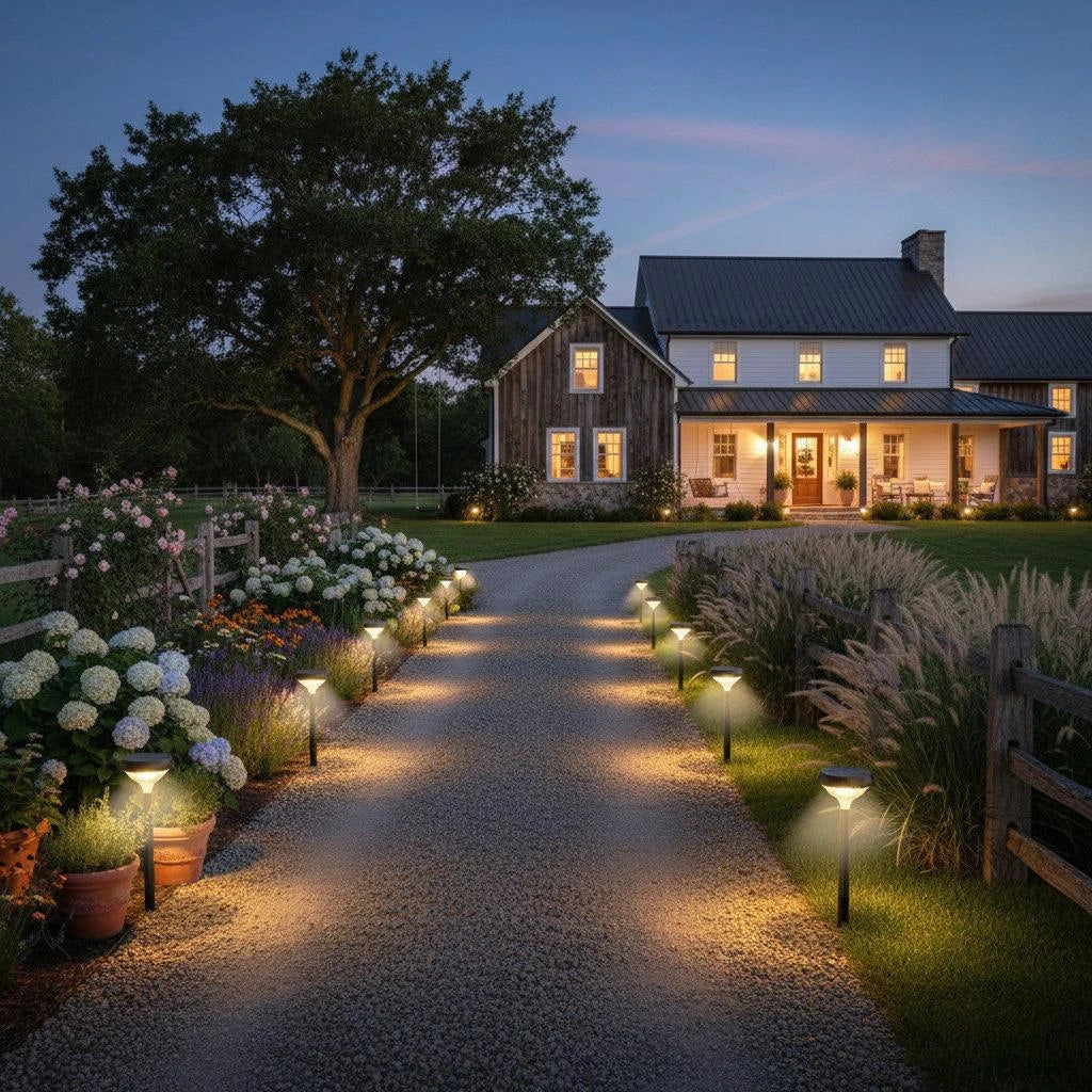 Solar lights illuminating a farmhouse and agricultural farm road at night in India.