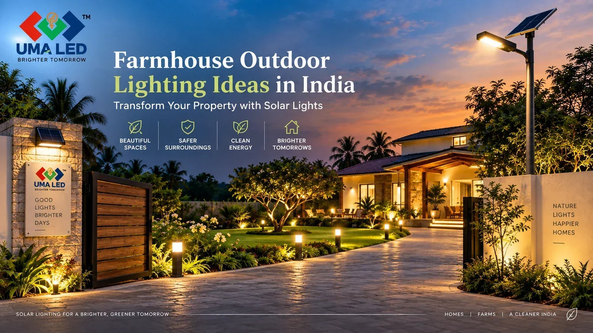 Farmhouse outdoor lighting ideas in India featuring UMA LED solar lights illuminating a landscaped garden, entrance, and driveway.