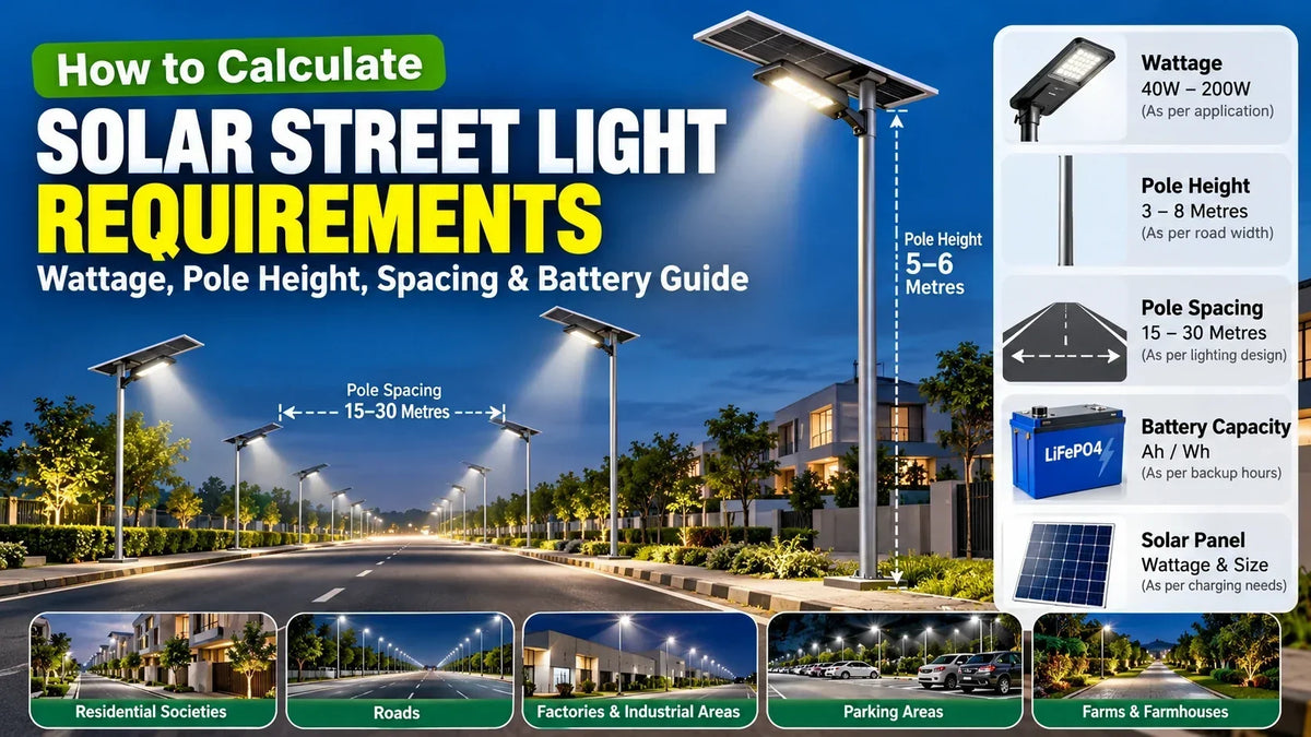 Solar street light calculation showing wattage, pole height and spacing for road lighting