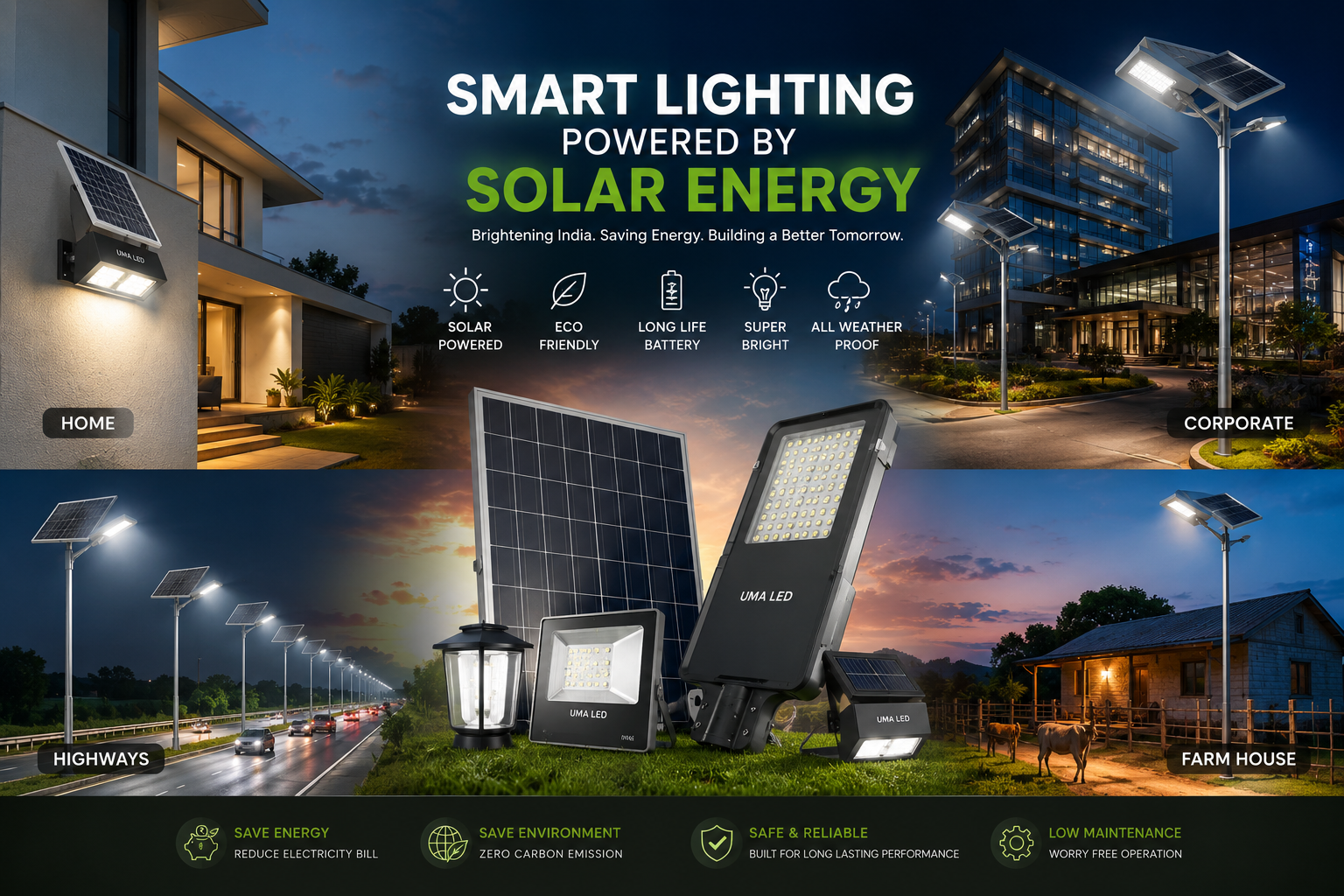 Premium solar LED lighting solutions for home, corporate office, highways, and farmhouse with high-efficiency solar panels supporting India’s energy-saving mission.