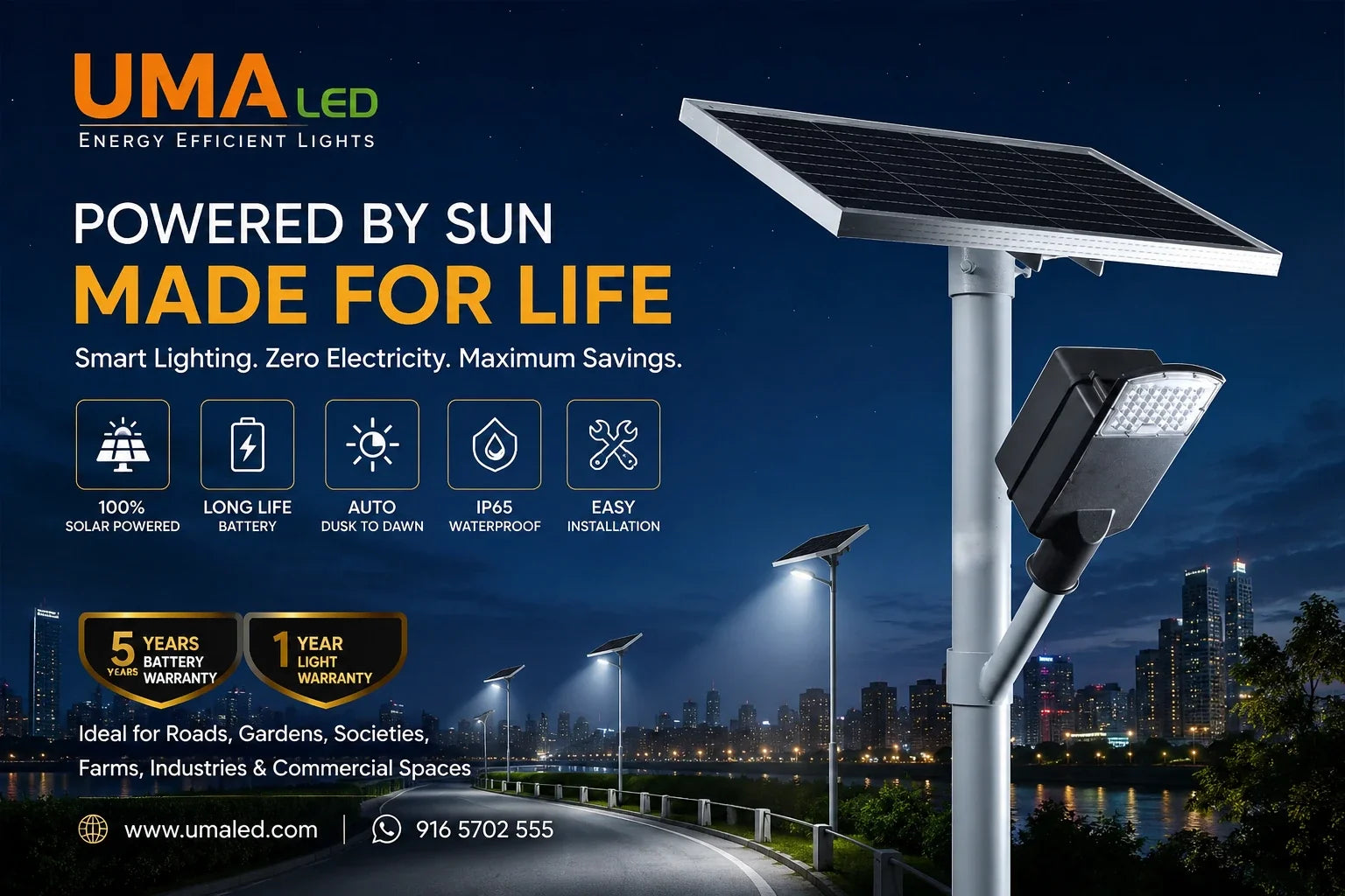 UMA LED pole-mounted solar street light with a solar panel