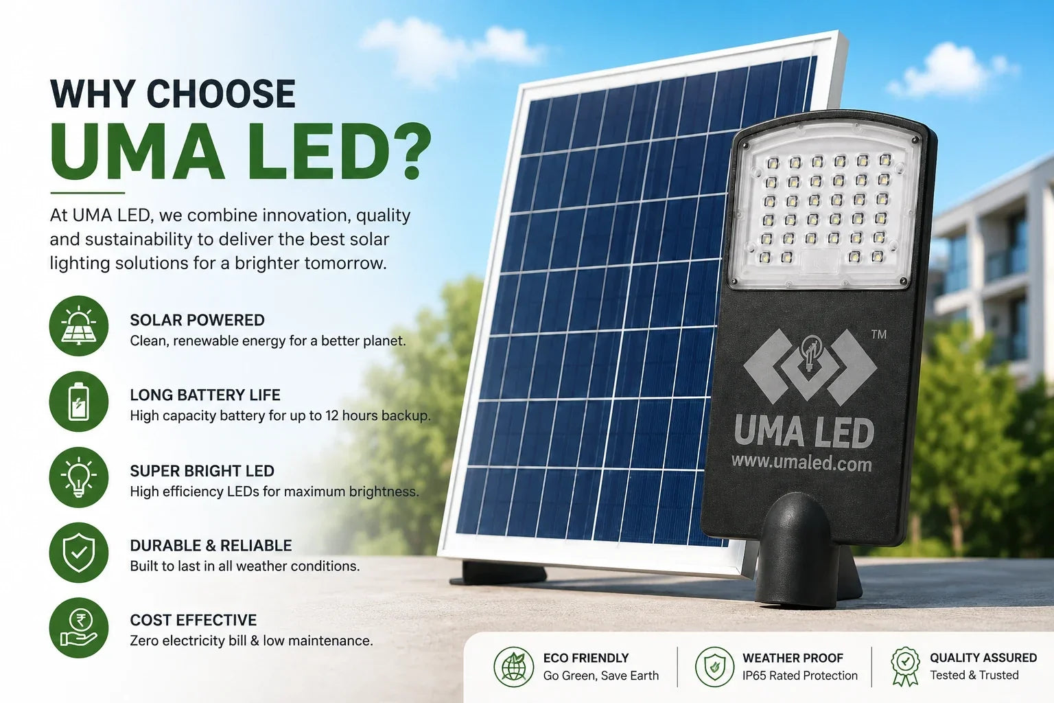 UMA LED solar street light and solar panel, listing product benefits including long battery life, weather resistance, and zero electricity bills.