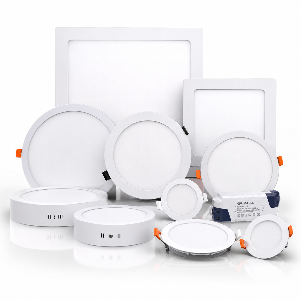A collection of various white LED lighting fixtures, including square panels, circular recessed lights, surface-mounted lights, and an UMALED LED driver, arranged on a white background