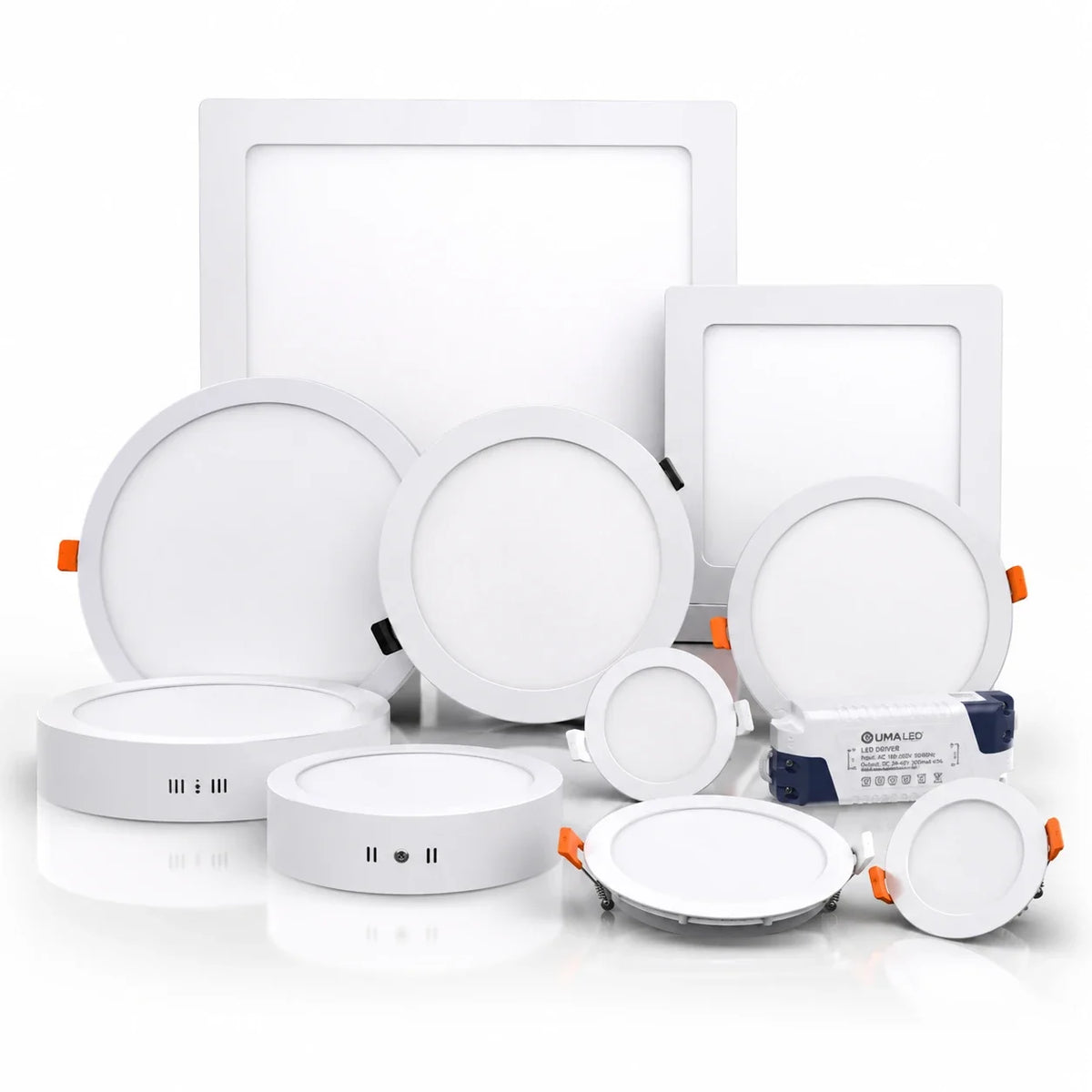 UMA LED lights collection featuring round and square white LED ceiling panels and LED driver
