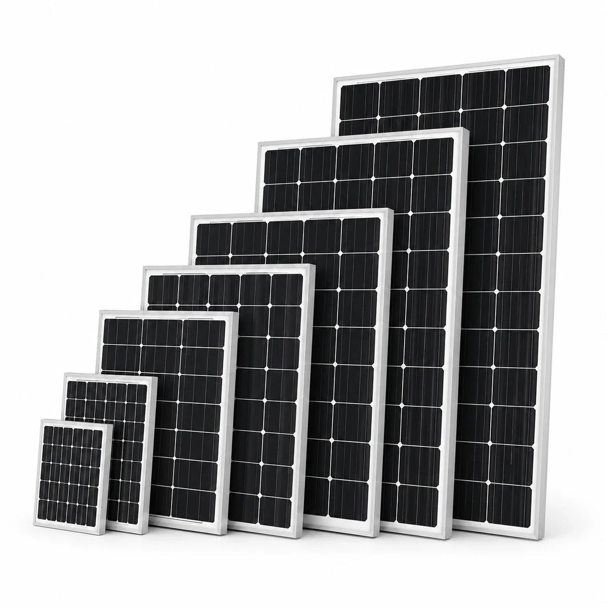 UMA LED high-efficiency solar panels in various sizes arranged from smallest to largest.