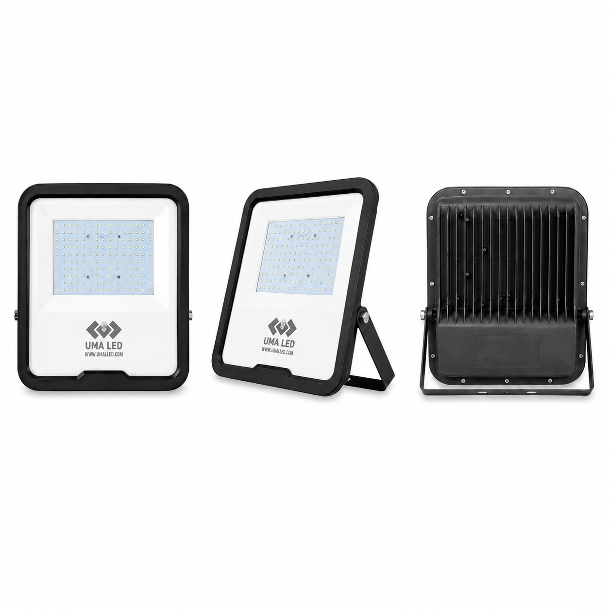 Three LED flood lights with UMA LED branding on a white background