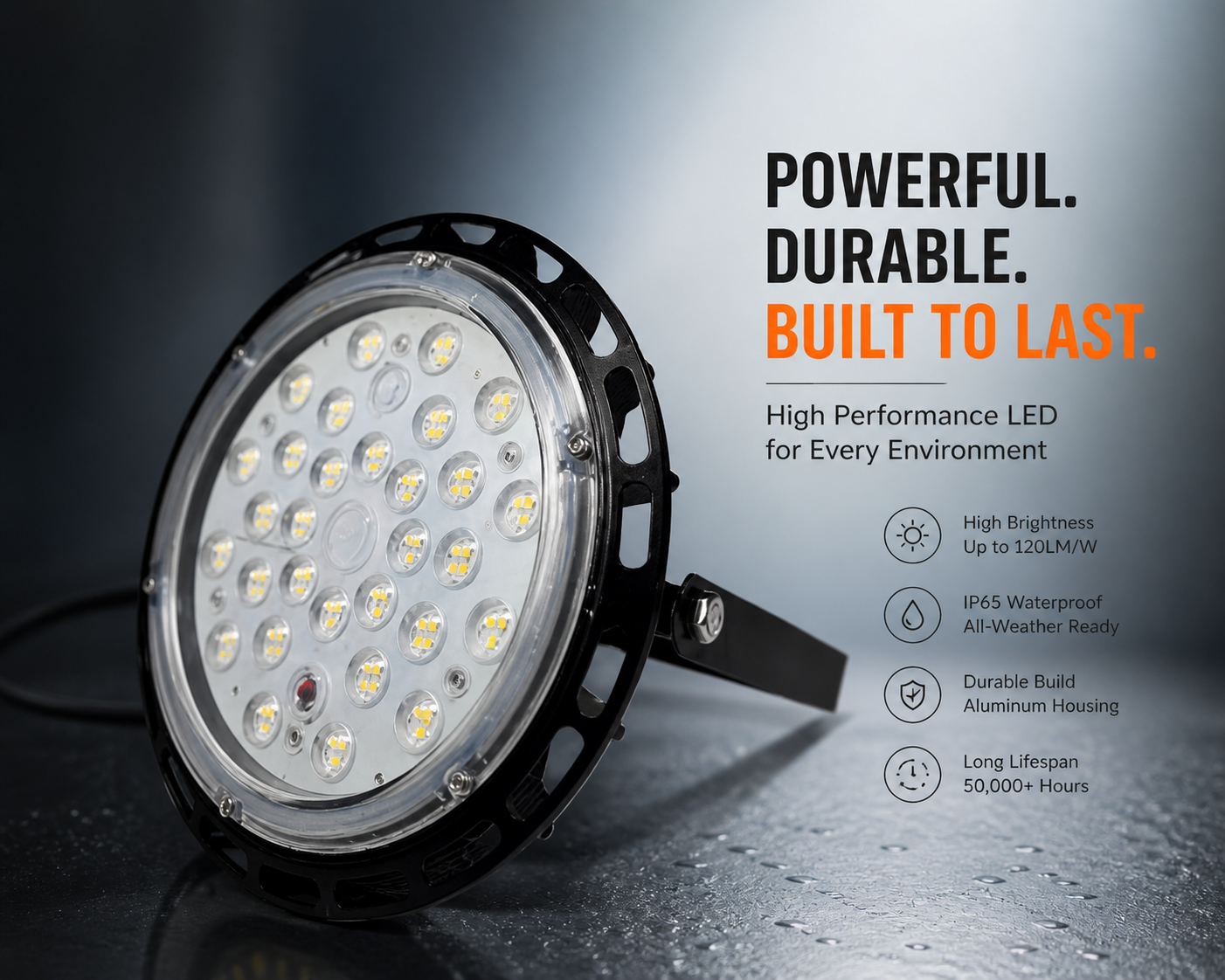 100W industrial high-bay LED light with 440V testing and 7kV surge protection for warehouse, factory and industrial lighting
