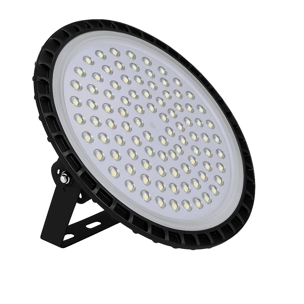 A high-bay LED floodlight with a black ribbed outer frame and a white inner reflector plate containing multiple small LED chips, shown on a solid white background.
