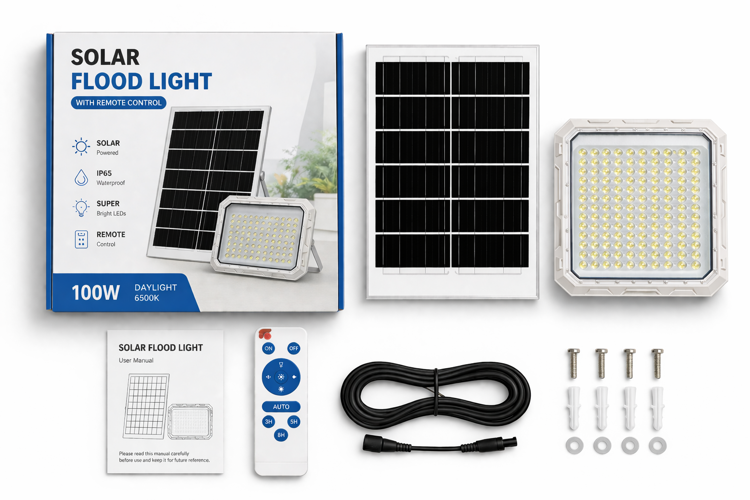 100W solar flood light kit with solar panel remote control cable and mounting accessories IP65 waterproof outdoor LED security light by UMA LED