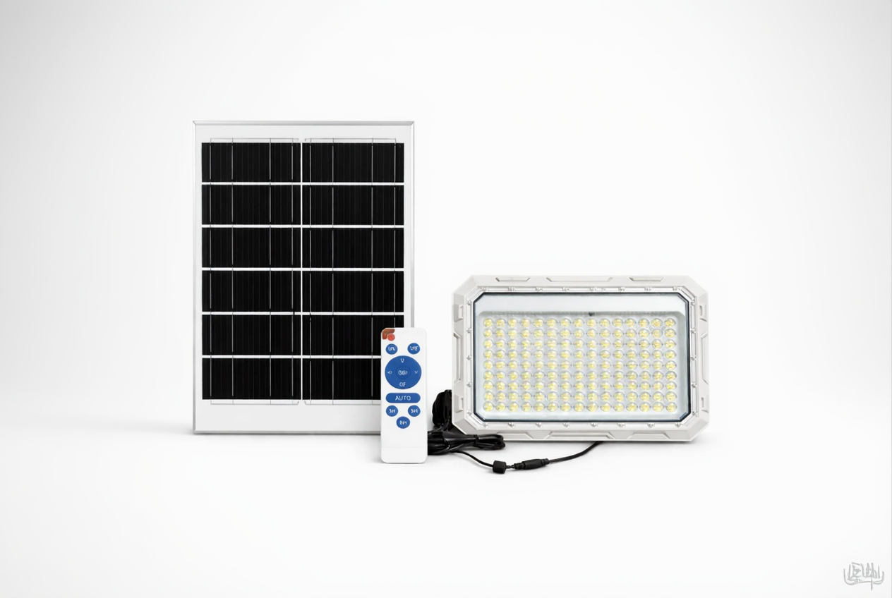 100W solar flood light with panel and remote control outdoor LED security lighting system for garden pathway wall and driveway