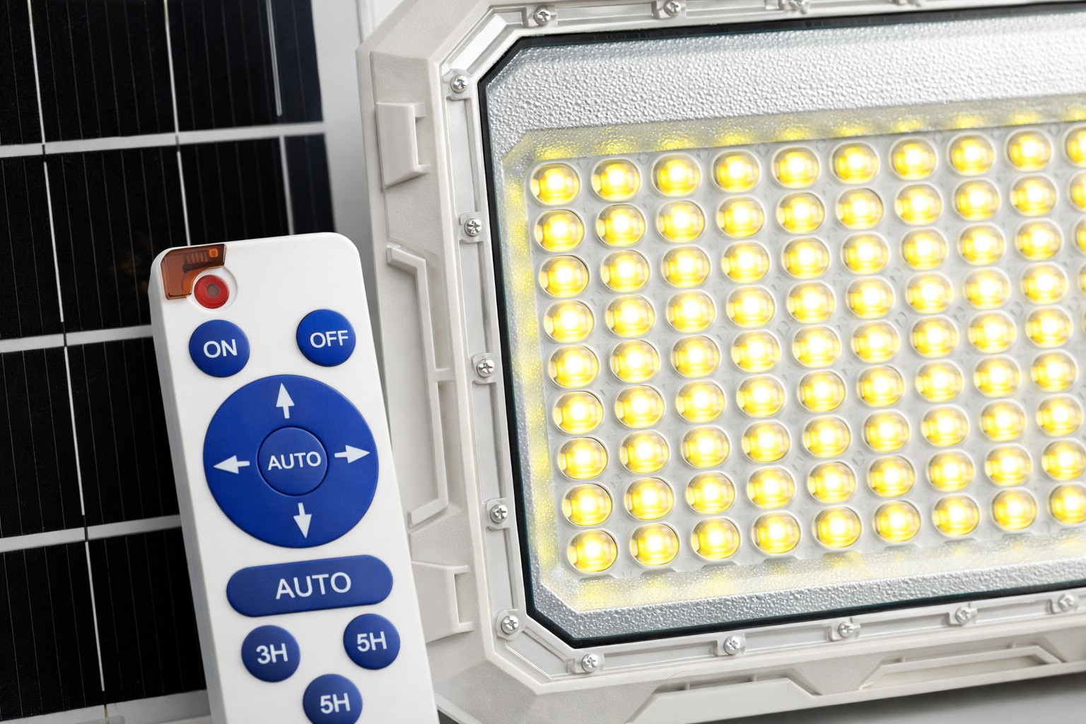 close up of 100W solar LED flood light showing high brightness LED chips and remote control for outdoor lighting modes and timer settings