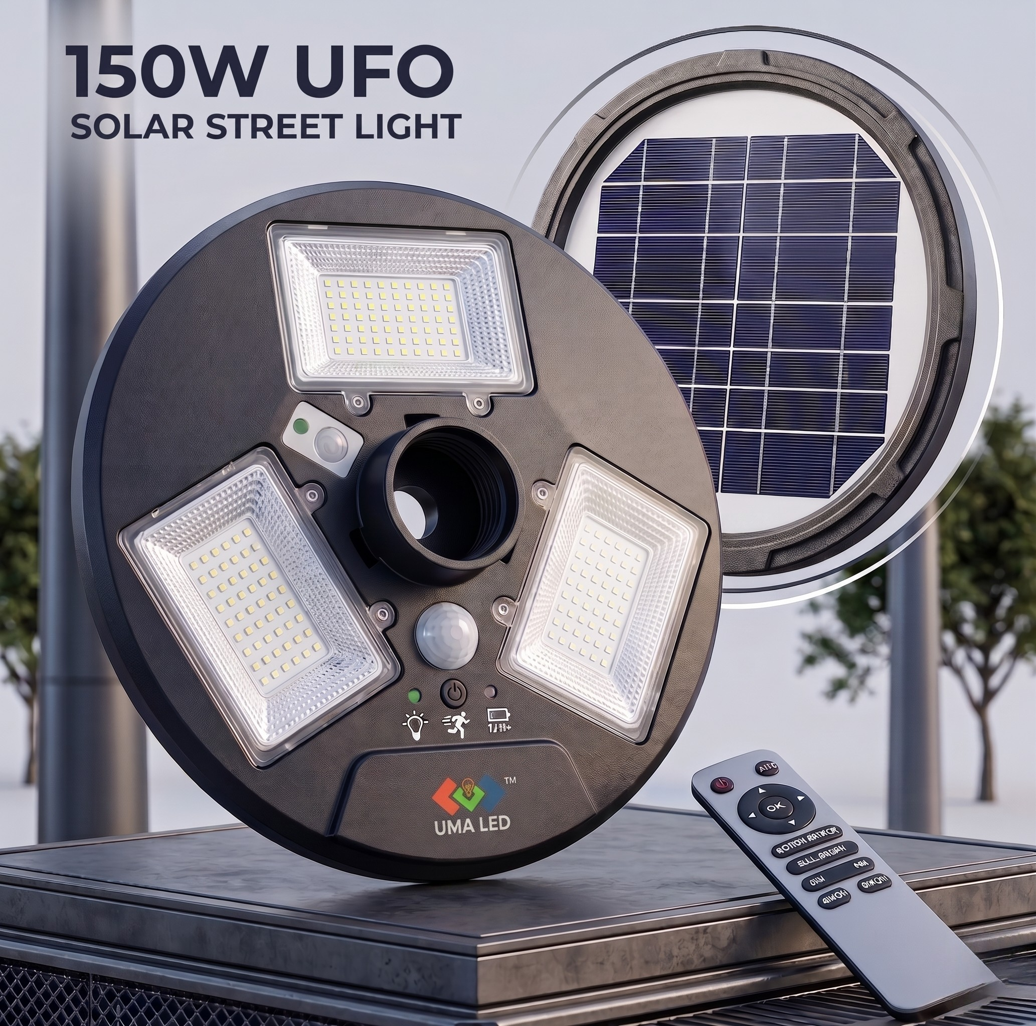 150W UFO solar street light with solar panel and remote control on a stand.