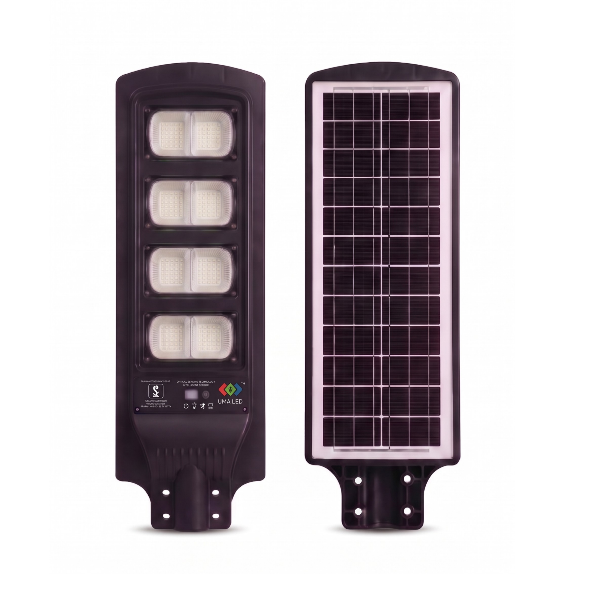 Solar street light with LED lights and solar panel on a white background