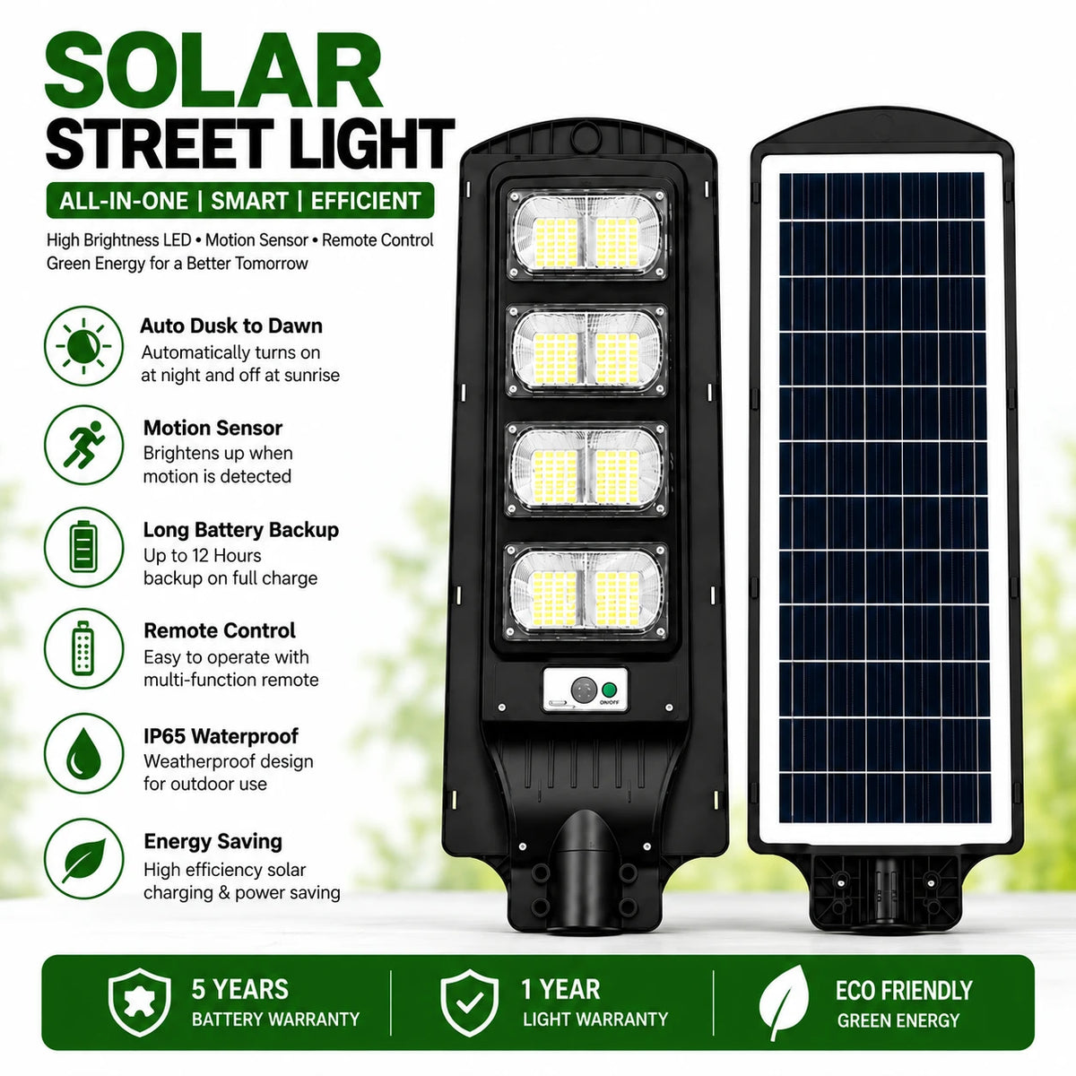 A promotional product graphic for a solar street light, showing two black rectangular light units side by side with a solar panel on the right. The left side lists features in green text on a white background, and the bottom has a green banner with warranty claims.