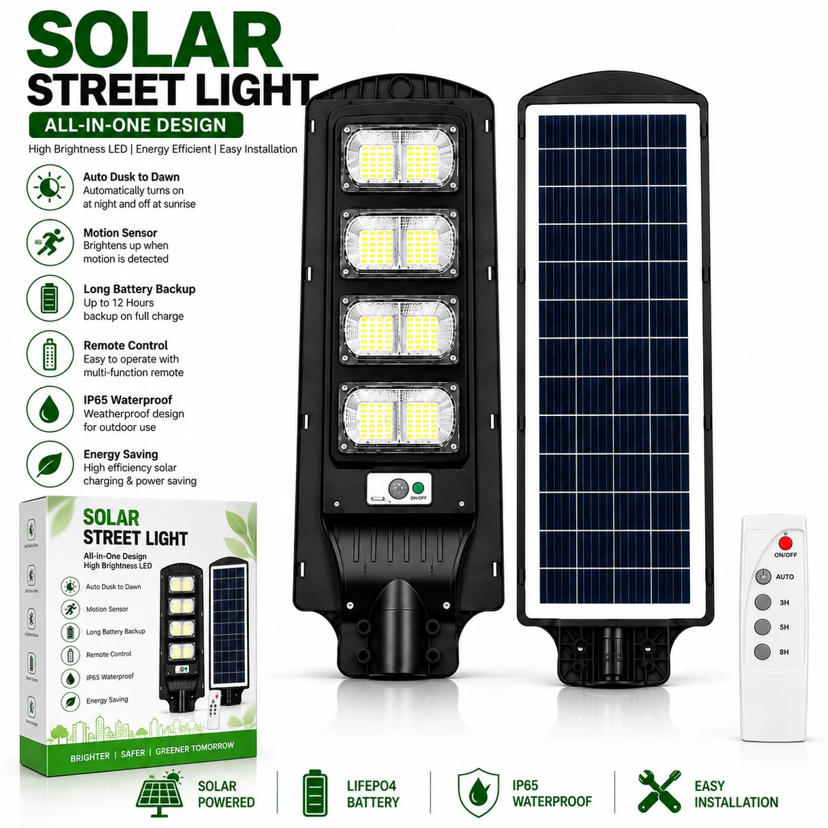 Solar street light product listing graphic showing the black light unit with three LED panels, a separate solar panel, a remote control, and product packaging on a white background with feature callouts.