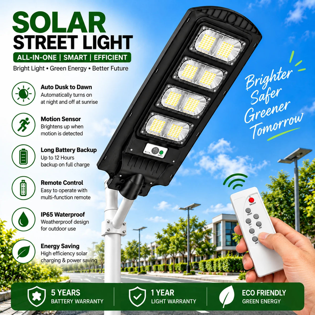 A solar street light product shown at an angle with a white mounting pole, a hand holding a white remote control, and marketing text and icons on a blue sky background. The product is black with multiple LED light panels and a small green power button.