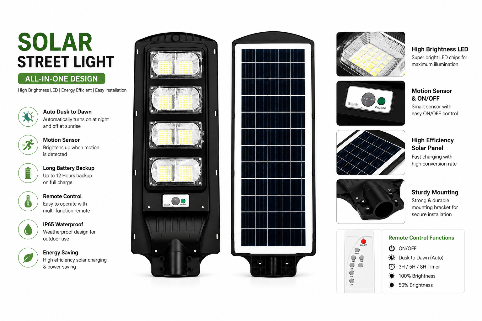 160W Solar Street Light featuring motion sensor, IP65 waterproof design, high-brightness LED chips, remote control and long battery backup