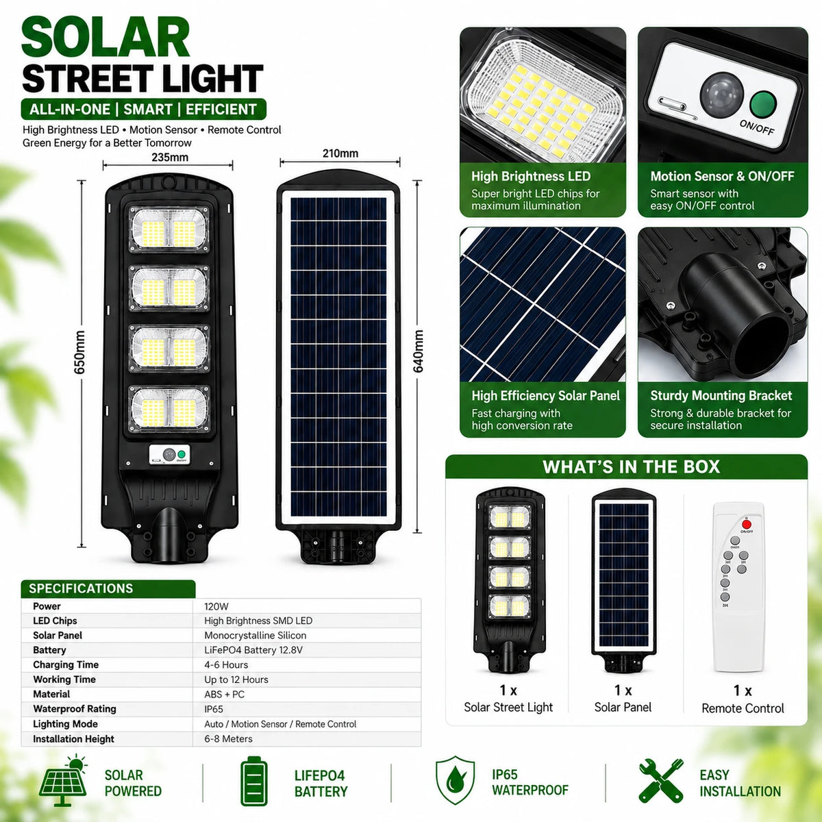 Solar street light product infographic showing the light, solar panel, remote control, mounting bracket, and specifications table on a white background with green accents.