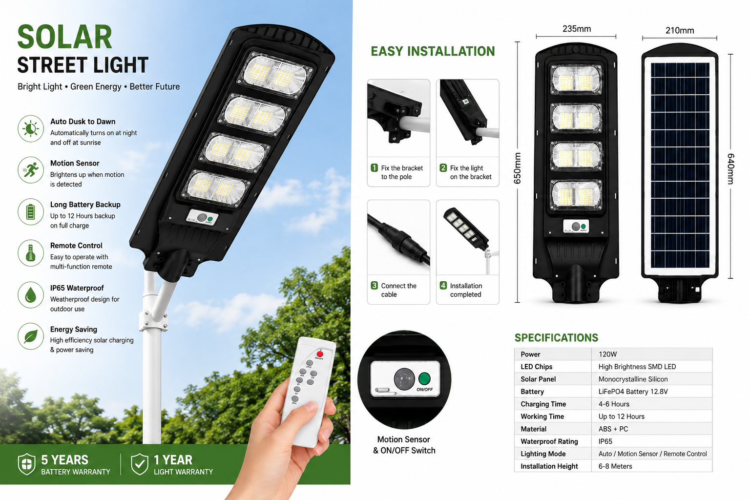 160W All-in-One Solar Street Light installation guide with product dimensions, technical specifications and warranty details