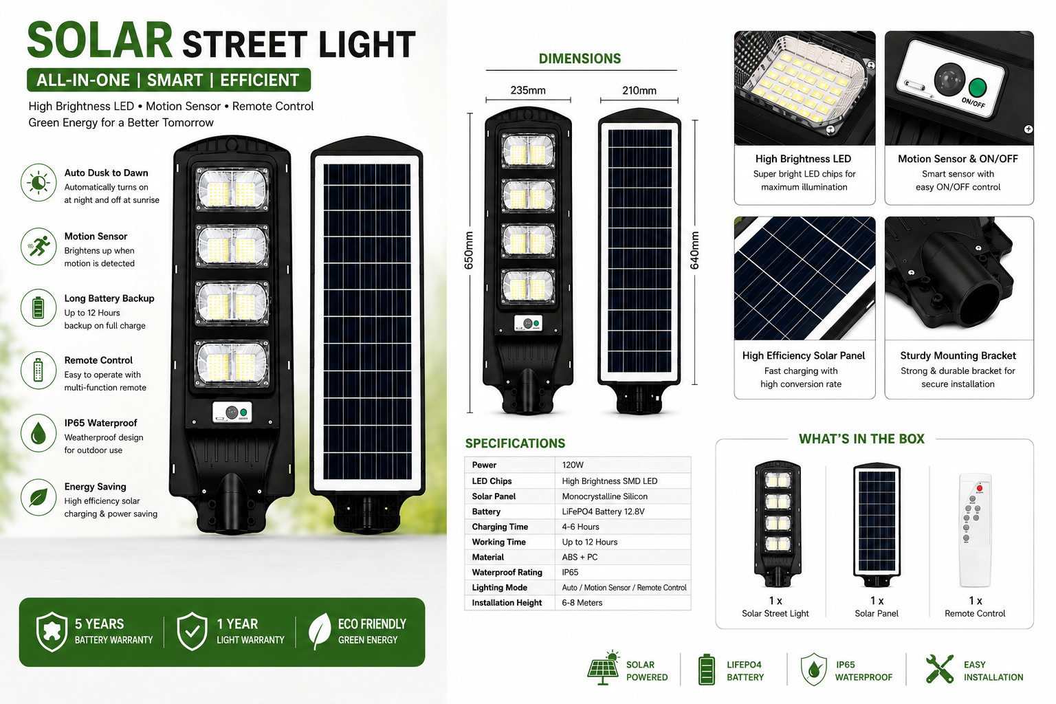 160W Solar LED Street Light overview showing high-efficiency solar panel, premium LED modules, motion sensor and IP65 waterproof construction.