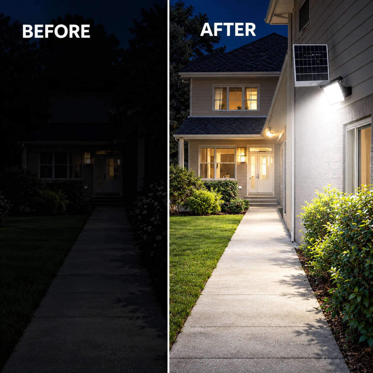 Split before-and-after comparison of a house exterior pathway at night, showing a dark unlit scene on the left and a bright illuminated scene on the right with a solar-powered wall light mounted on the house.