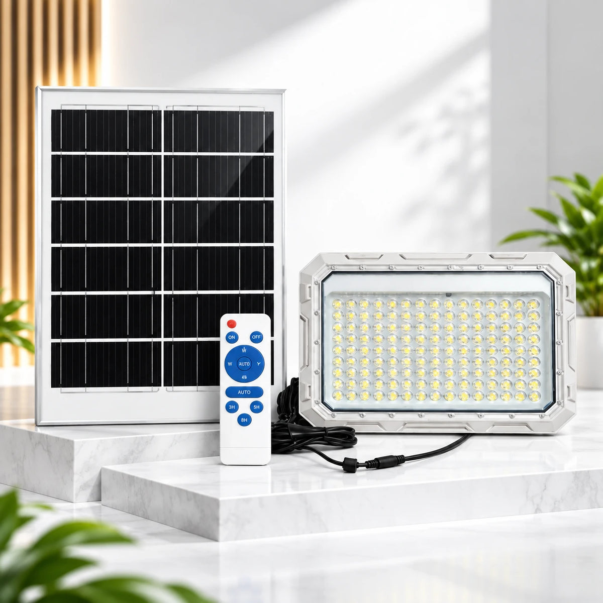 A solar-powered LED light kit displayed on a white marble pedestal, featuring a rectangular solar panel, a rugged white LED light with a black cord, and a white remote control with blue buttons.