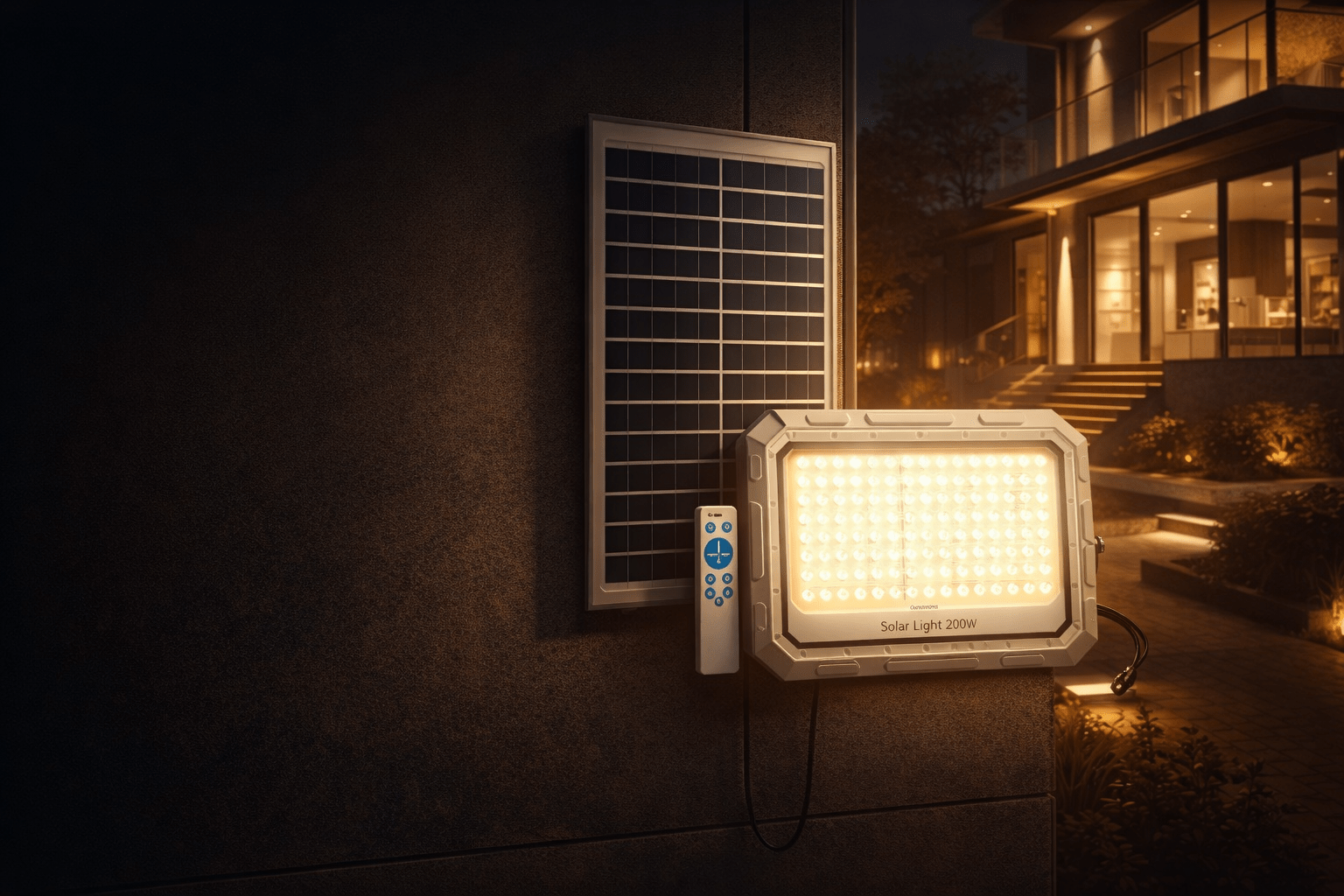 200W solar flood light illuminating outdoor area at night with high lumen output and motion sensor for security use