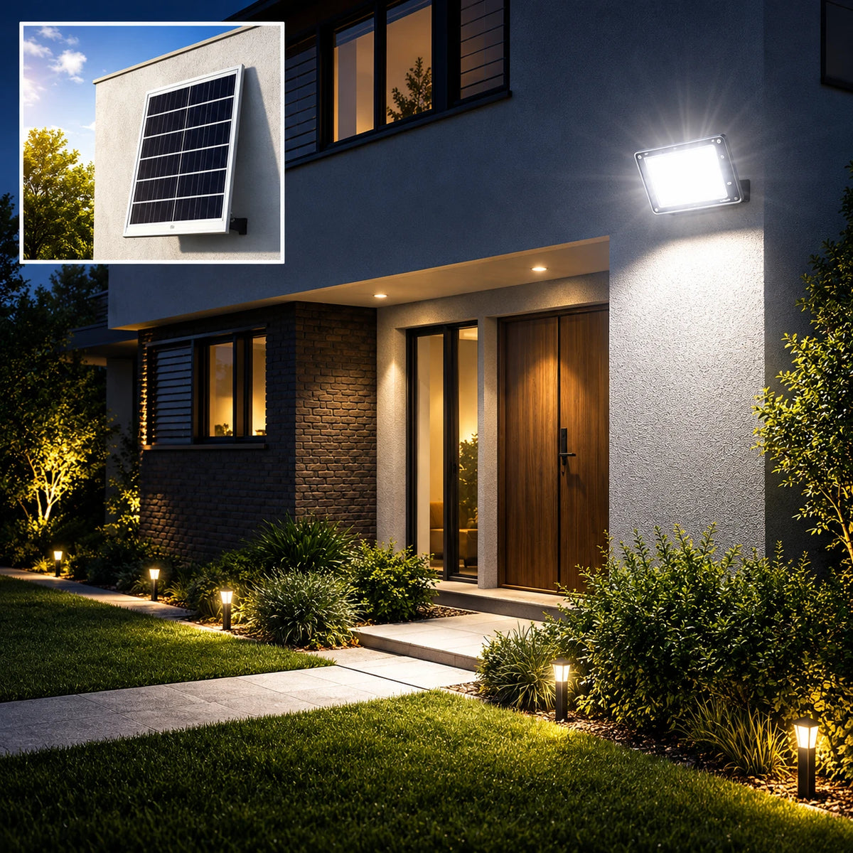 Modern house exterior at dusk with illuminated outdoor lighting, including a wall-mounted square light, pathway lights, and a small inset showing a solar panel product.
