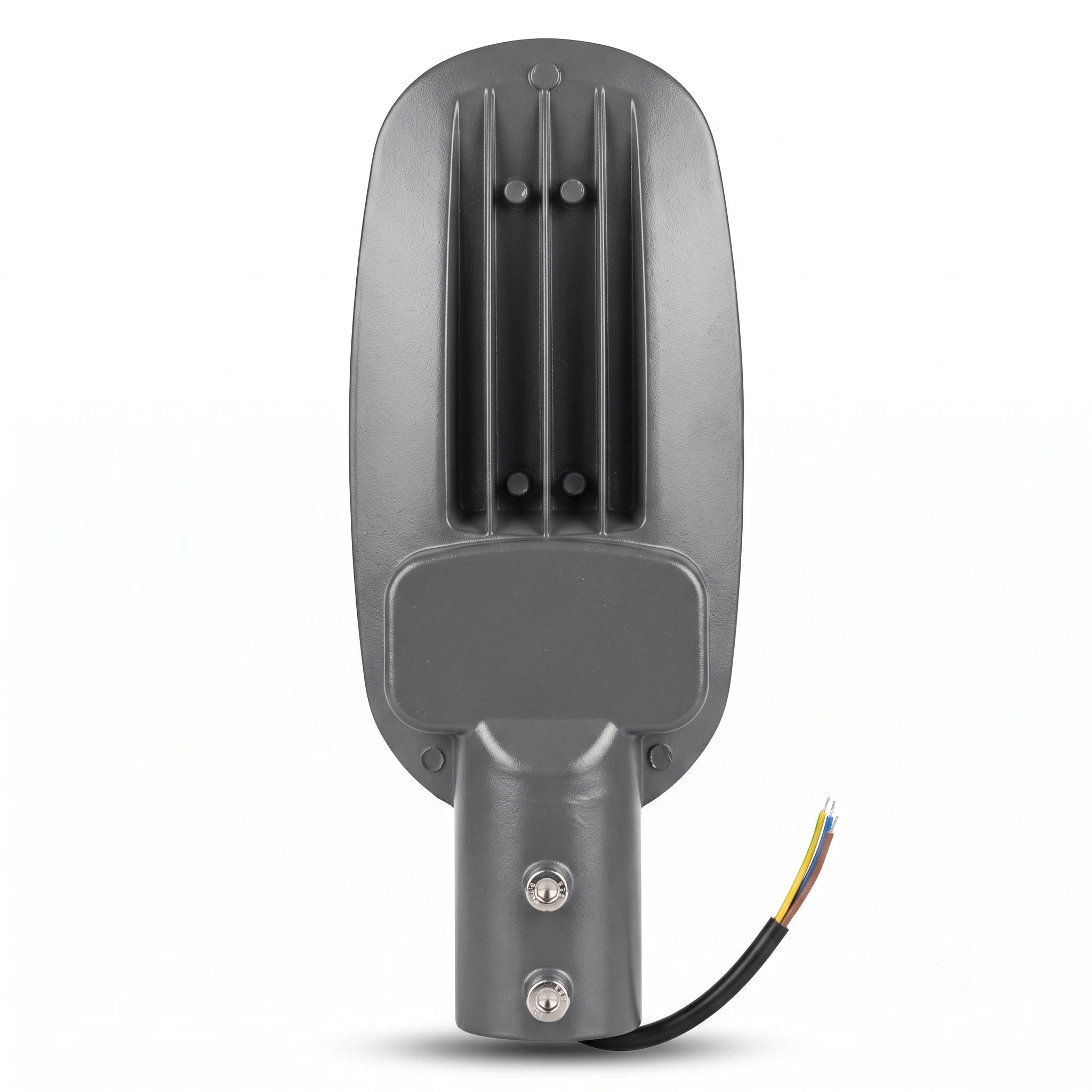 A gray metal outdoor light fixture head with a mounting bracket and a black wire with yellow, orange, and blue strands, shown against a plain white background.