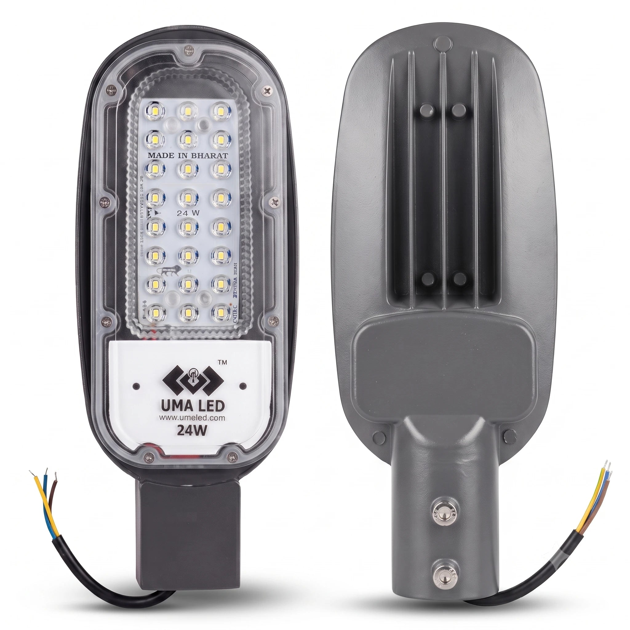 Two views of a 24W UMA LED street light: the front view showing a clear lens with multiple LED chips and a white brand label, and the back view showing a gray ribbed housing and mounting base with attached black wire cables.