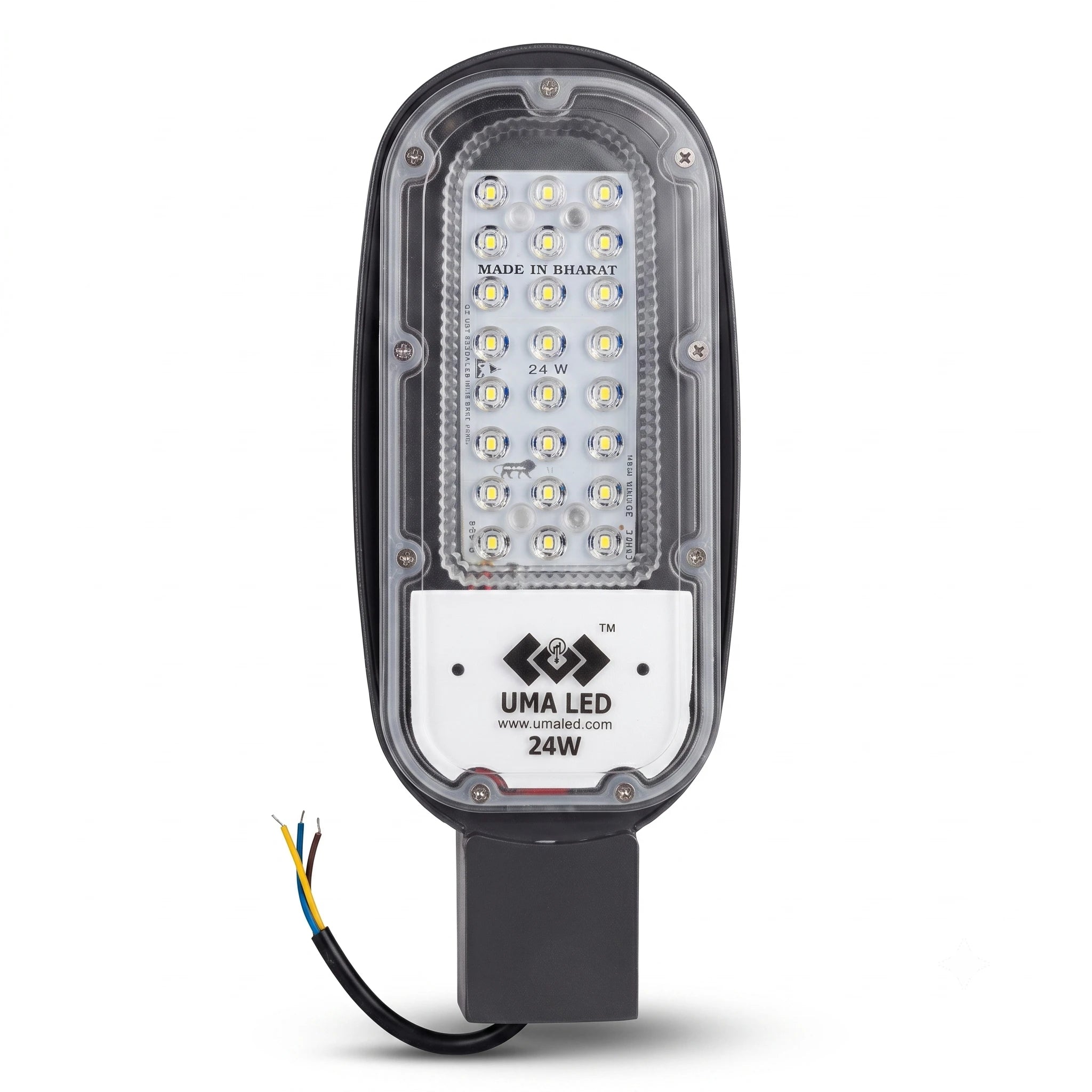 UMA LED 24W outdoor street light with a black housing, clear protective lens, and attached black cable with multi-colored wires, shown on a white background.