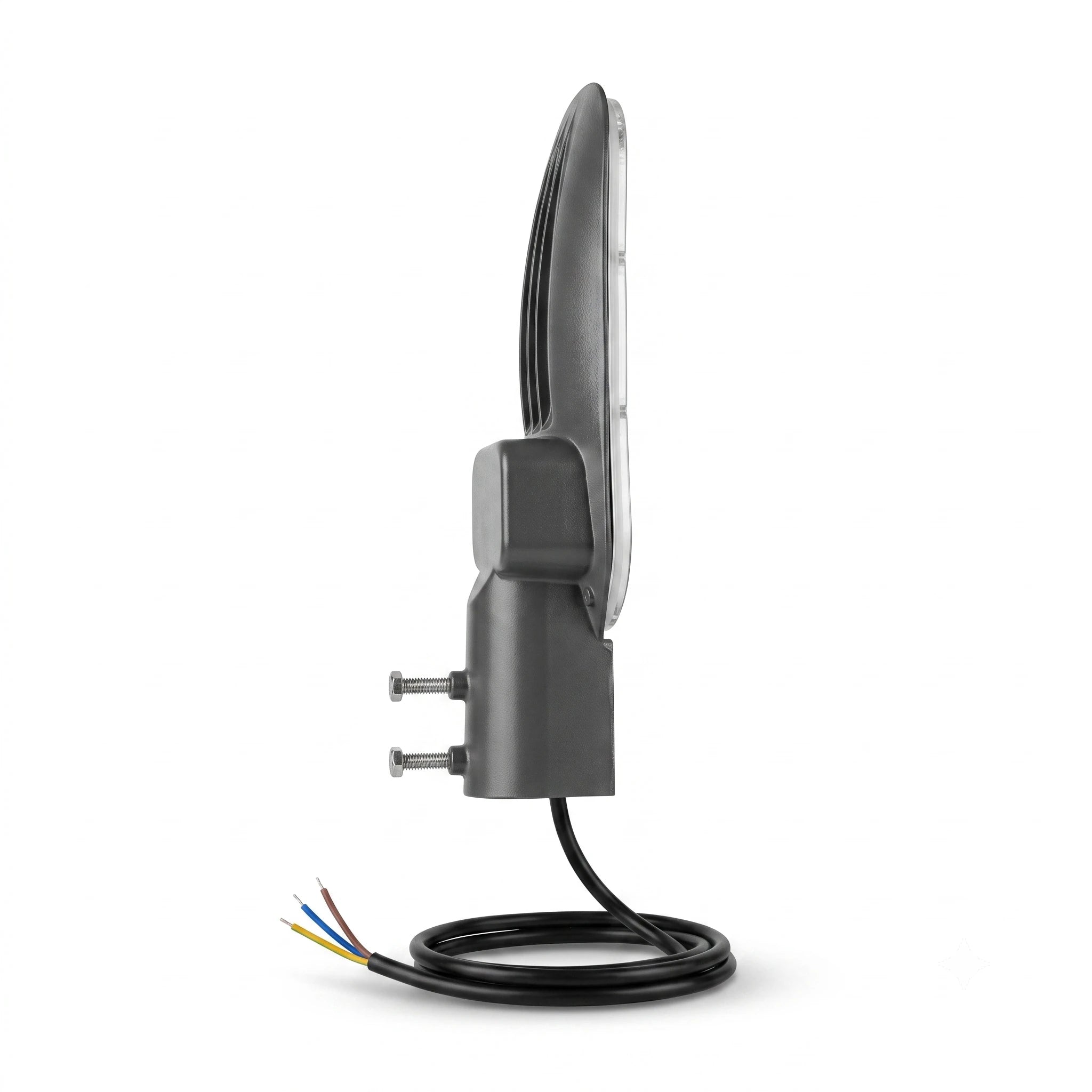 A dark gray outdoor architectural floodlight with a black power cable and multi-colored wire connectors, shown from a side profile on a white background.