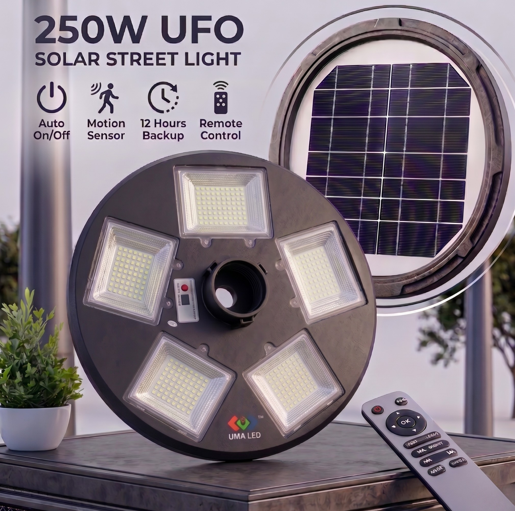 Solar street light with LED lights, solar panel, and remote control on a stand.