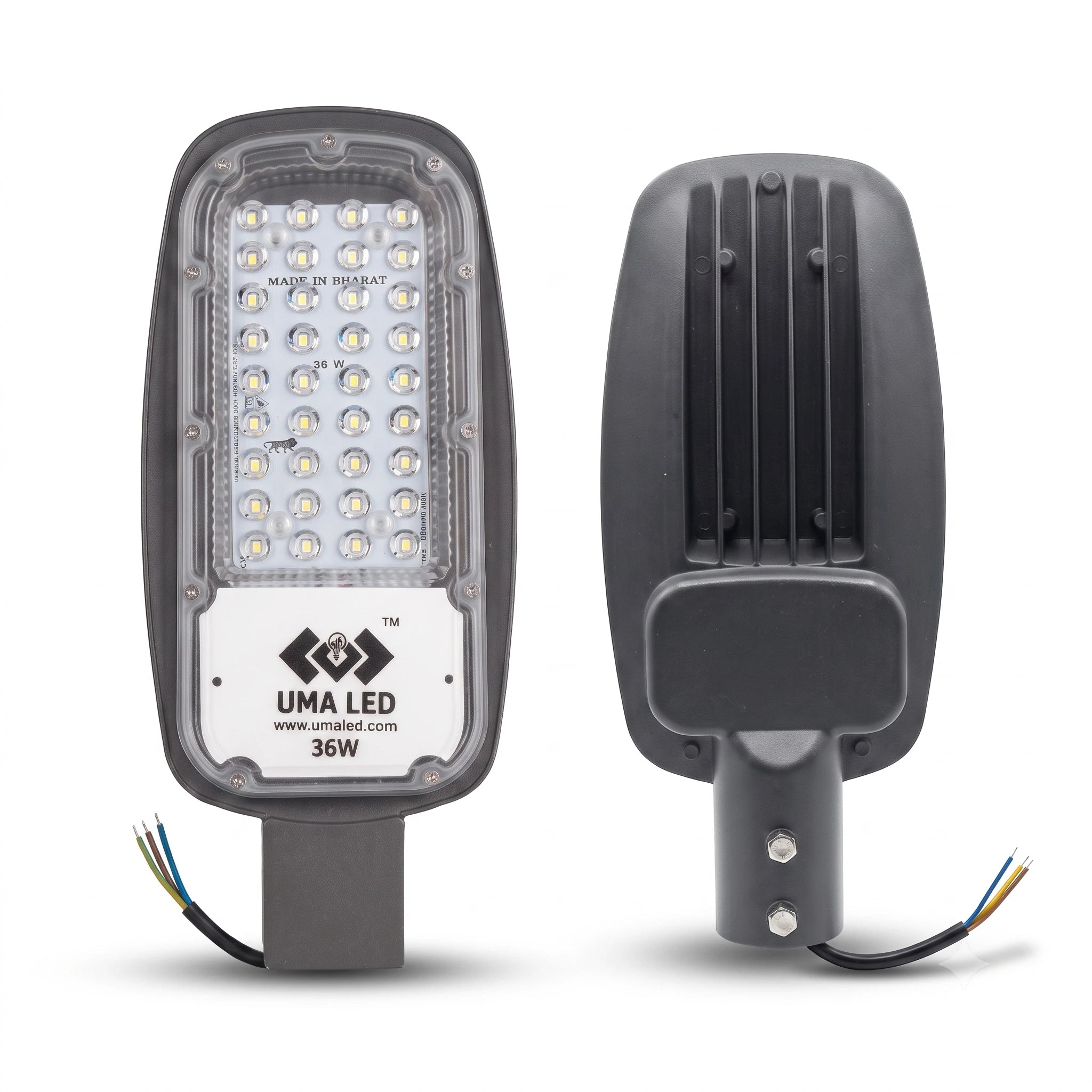 A 36W outdoor LED street light shown from two angles: a front view displaying the LED array and UMA LED branding, and a side/back view showing the ribbed housing and electrical connector with multi-colored wires, set against a plain white background.