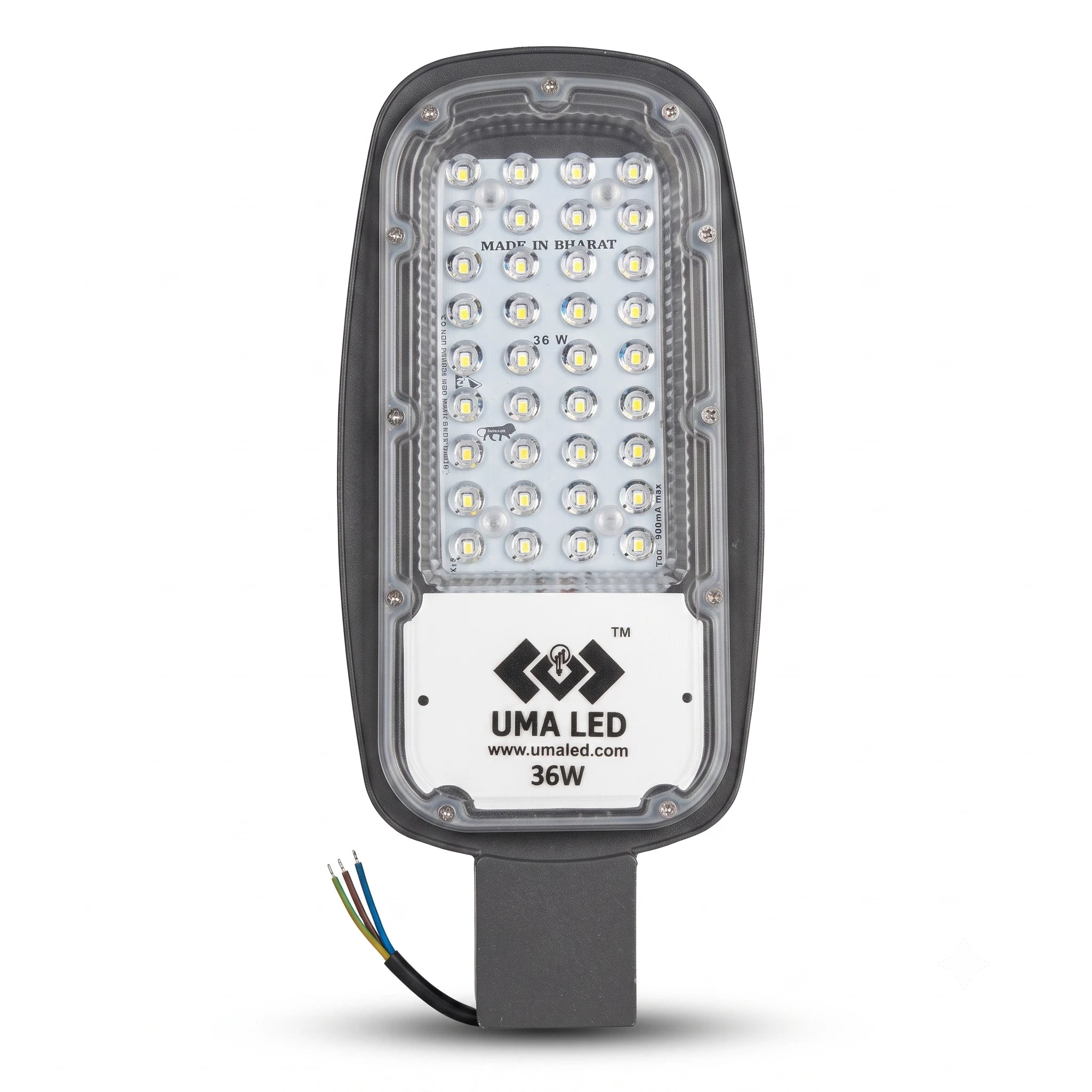 A 36W LED street light by UMA LED, featuring a dark gray housing, a clear protective lens over 36 LED chips, and a white label on the front with the UMA LED logo and website. The light has a black mounting bracket and three colored wires extending from the bottom, set against a plain white background.