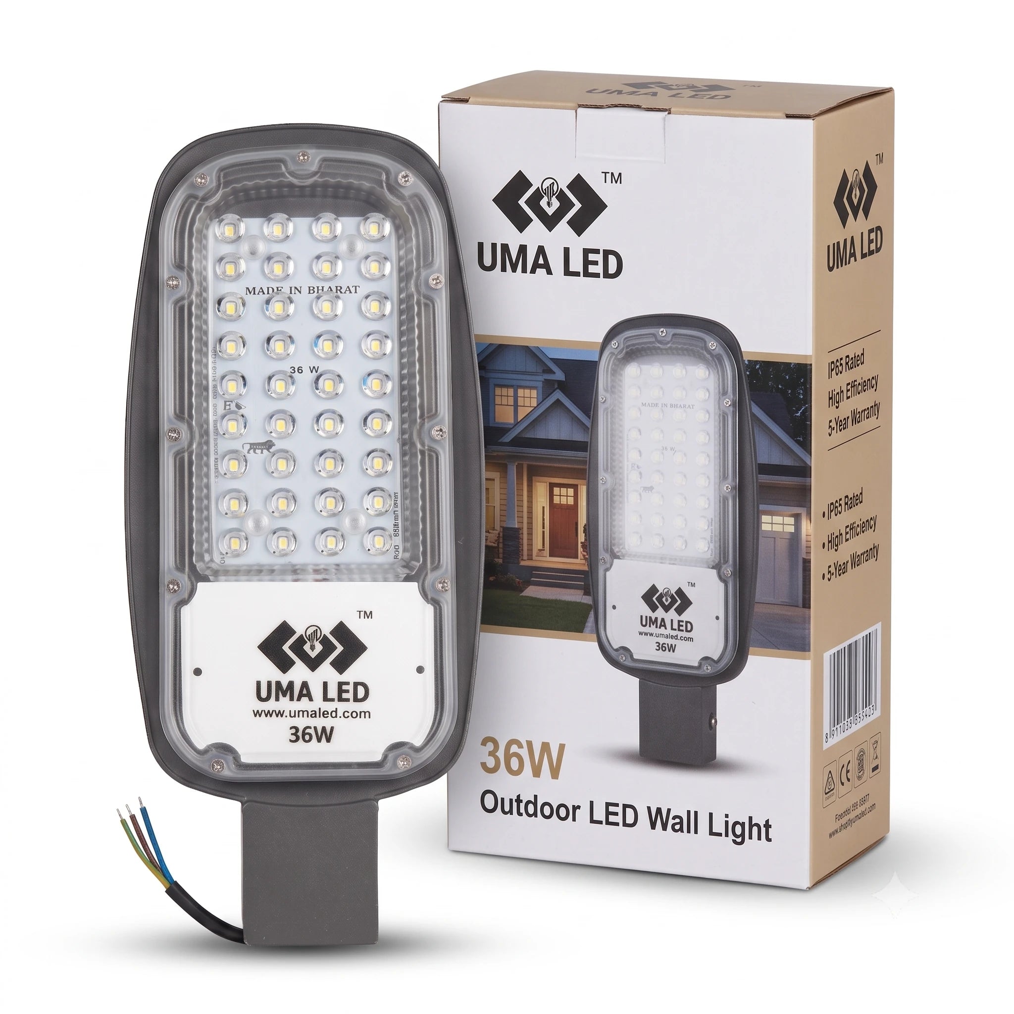 UMA LED 36W outdoor LED wall light shown next to its retail packaging box on a white background.