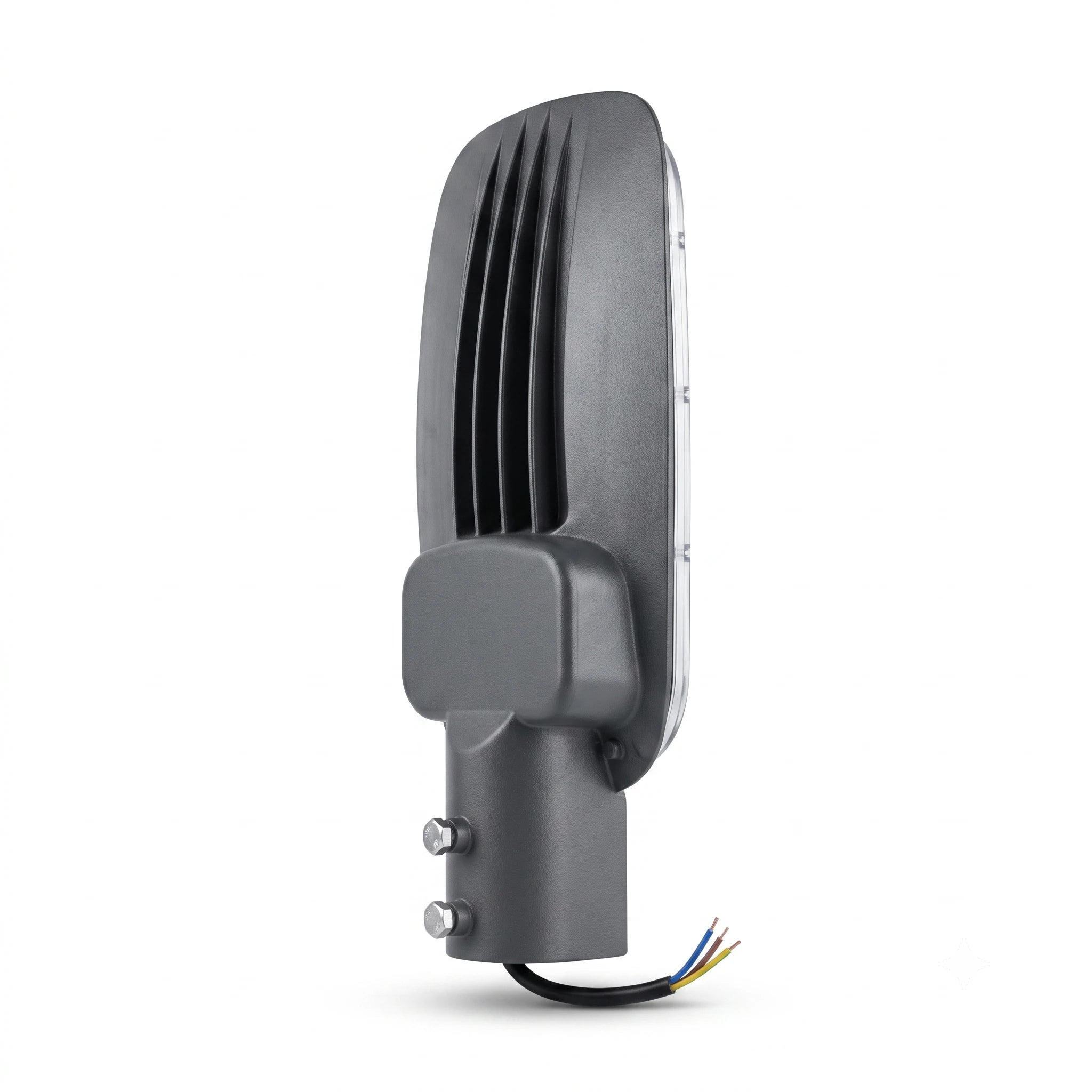 A dark gray industrial LED light fixture with a ribbed backplate, mounting bracket, and a multi-colored wire connector, shown on a plain white background.
