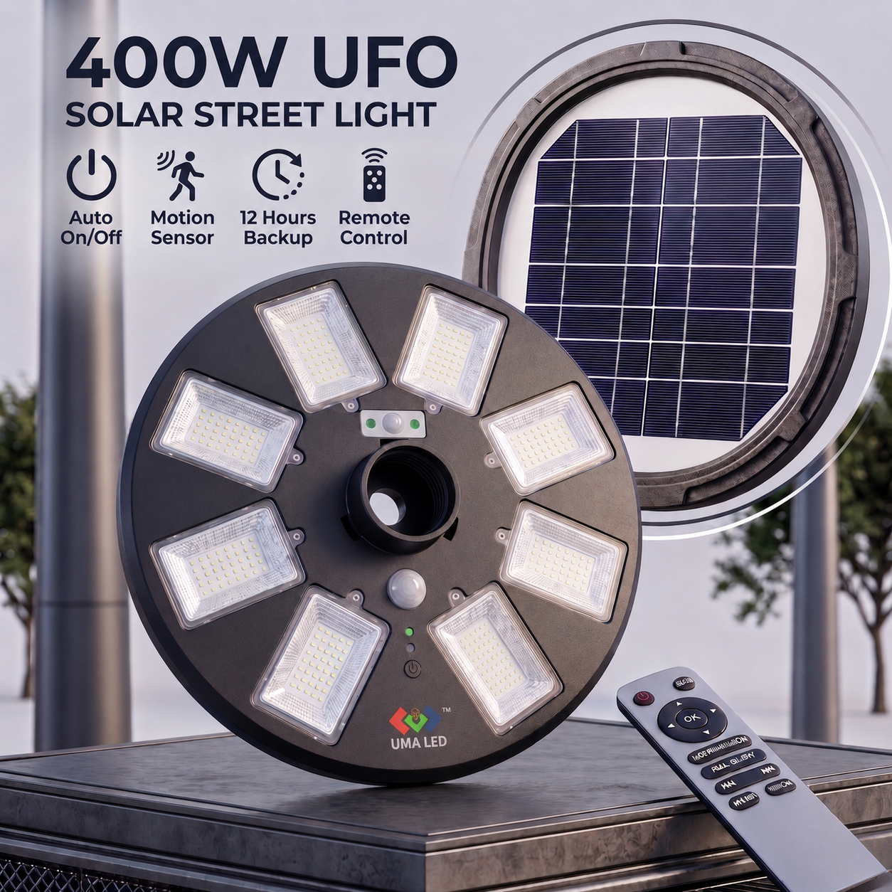 400W UFO solar street light with solar panel and remote control on a stand.