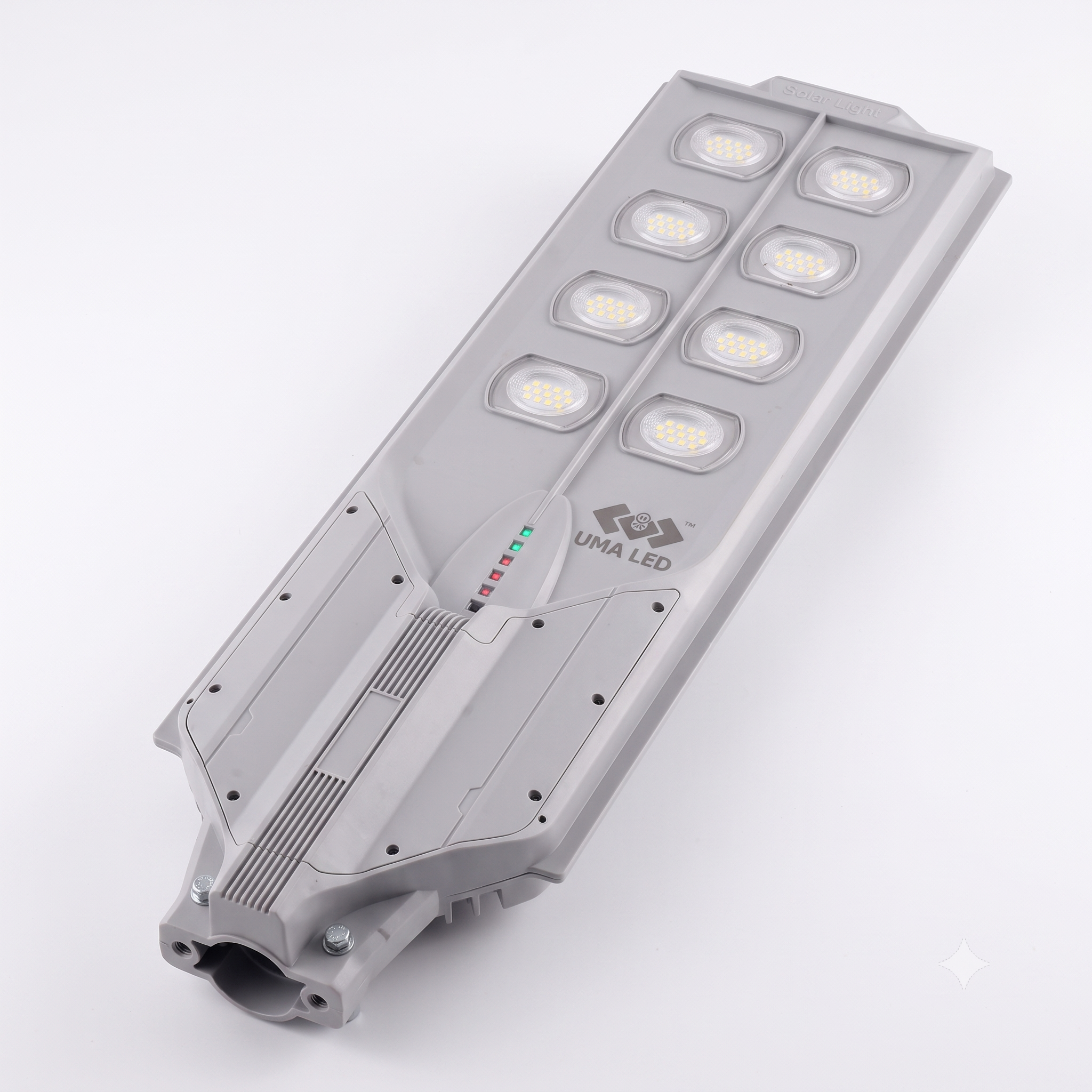 A modern linear LED street light with a gray housing, featuring multiple integrated LED chips, a small status indicator light, and the 'UMA LED' brand logo, shown on a clean white background.