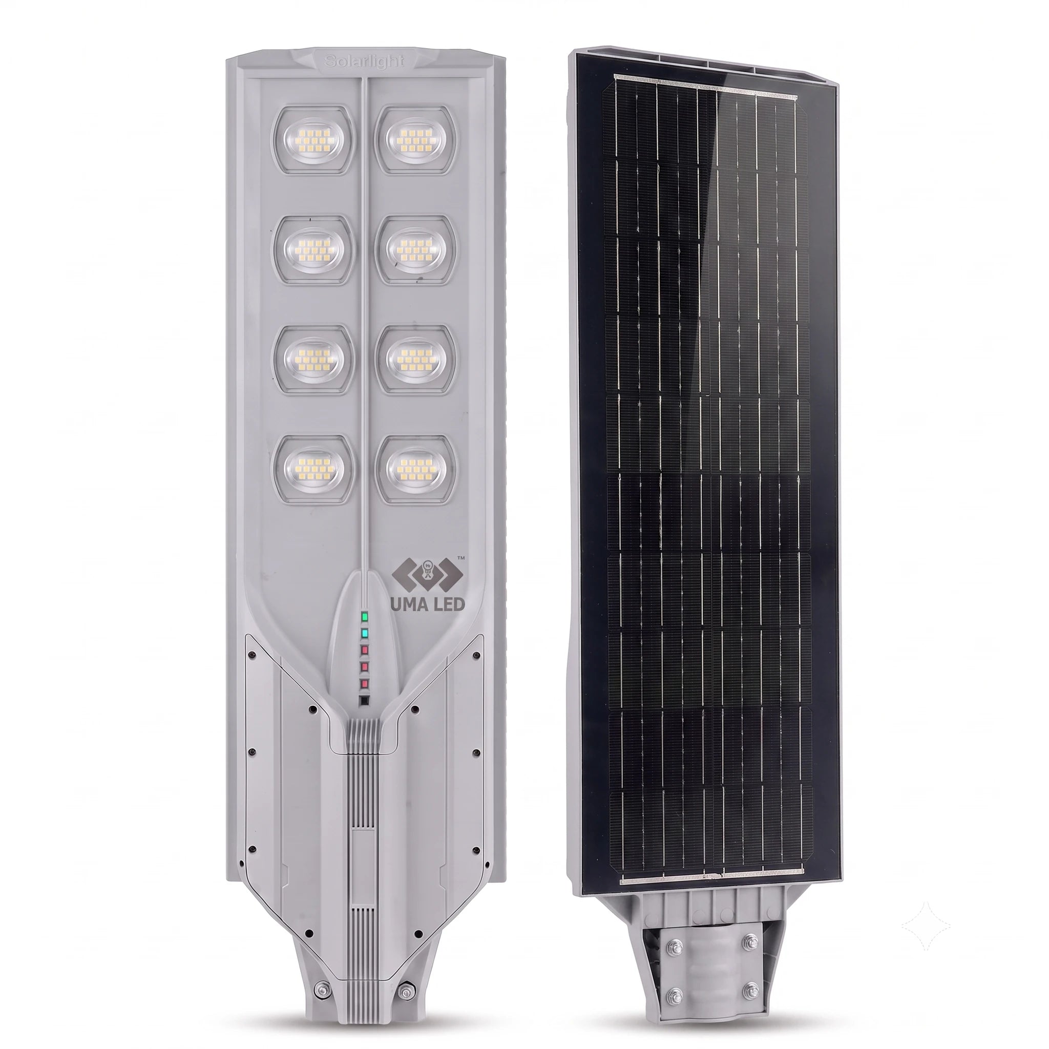 A solar-powered street light shown from two angles: the front view on the left displays six LED light modules and the UMA LED logo, while the side view on the right shows the attached black solar panel.