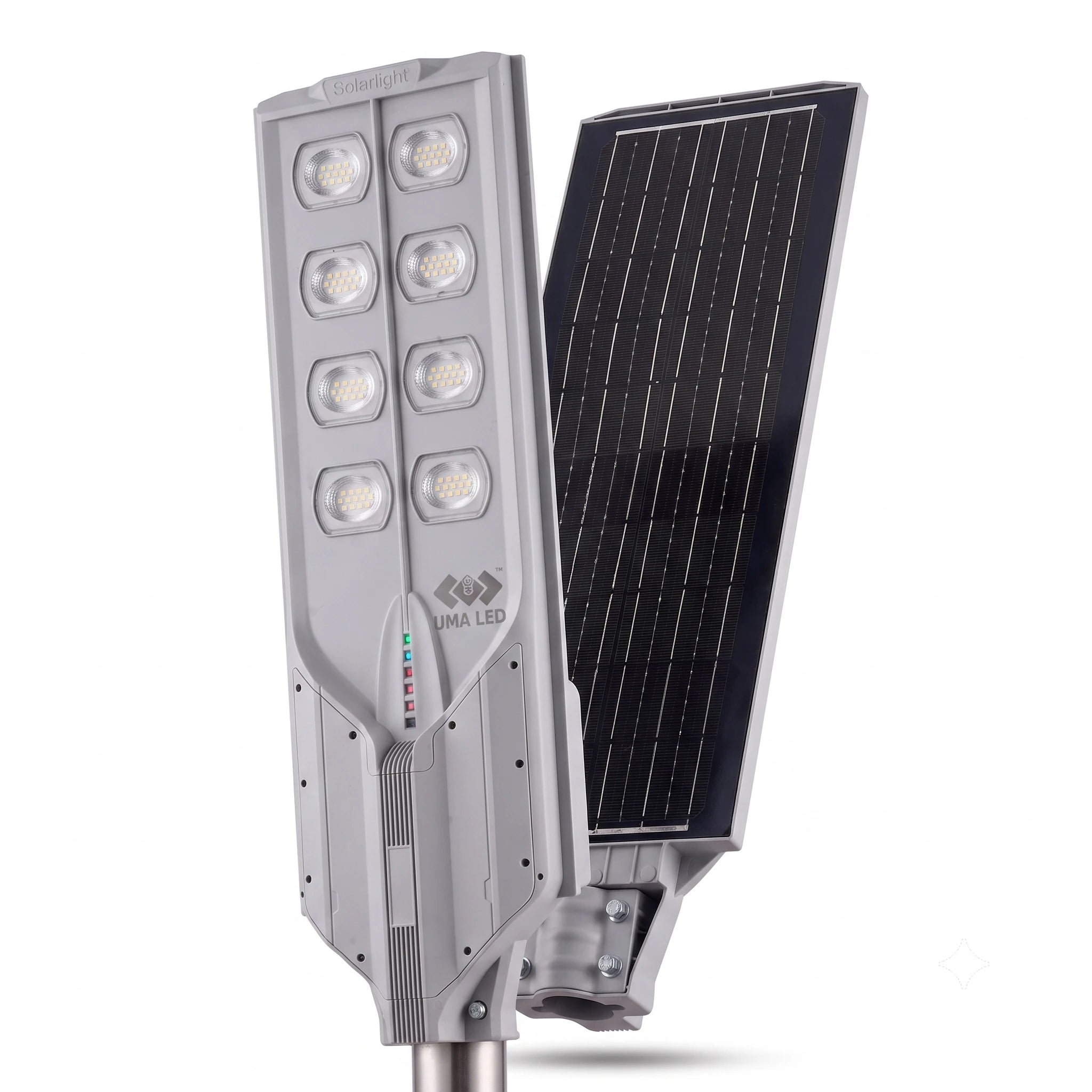 A solar-powered LED street light with a tall gray metal housing, six illuminated LED bulbs, and an attached black solar panel, shown on a white background.
