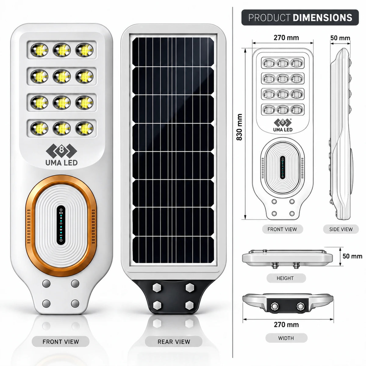 Product dimensions diagram for a UMA LED solar street light, showing front and rear views with labeled measurements and side views on a white background.