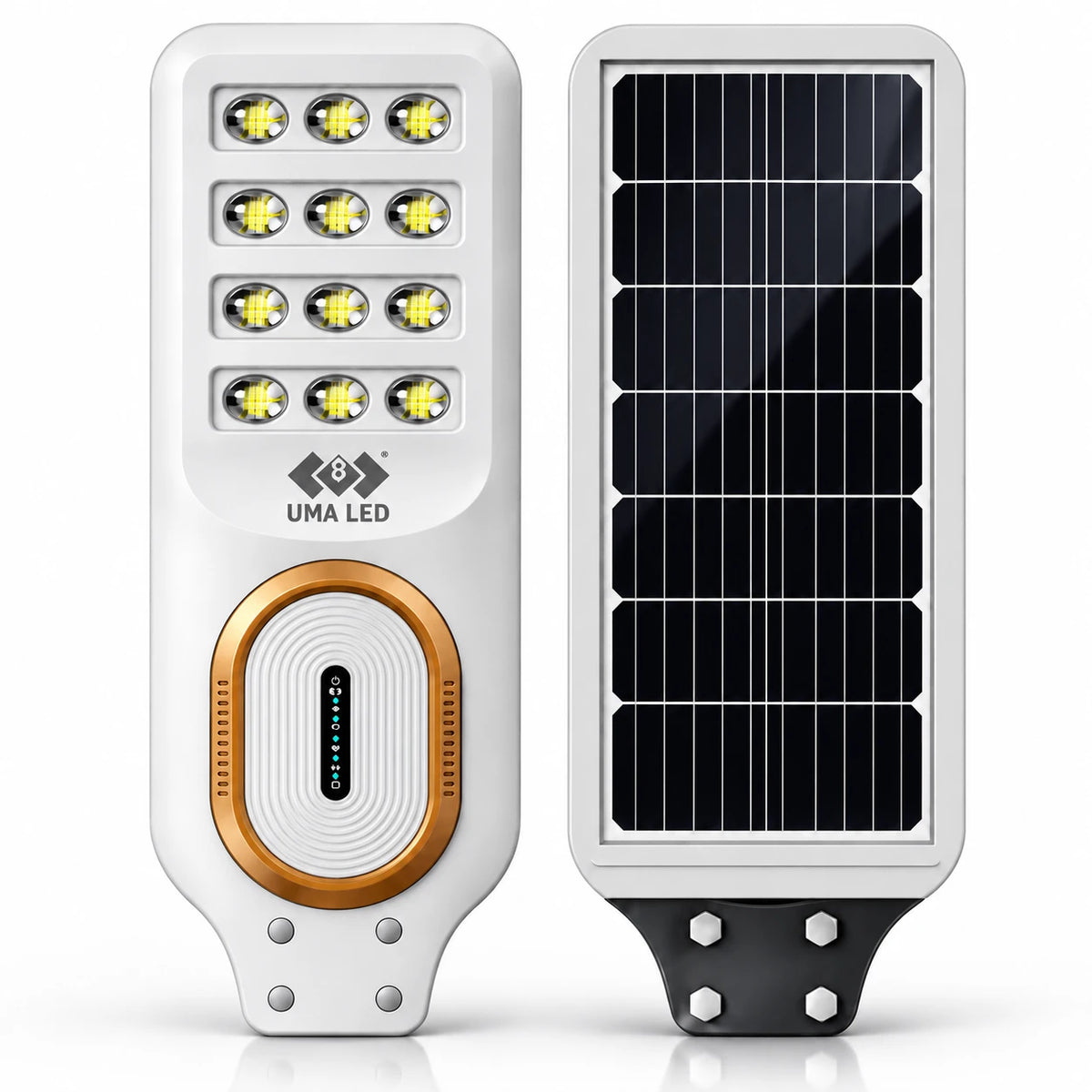 Two views of a UMA LED solar street light: one showing the white light housing with multiple LED chips, a gold accent ring, and the UMA LED logo; the other showing the rectangular solar panel with black cells and a white frame.