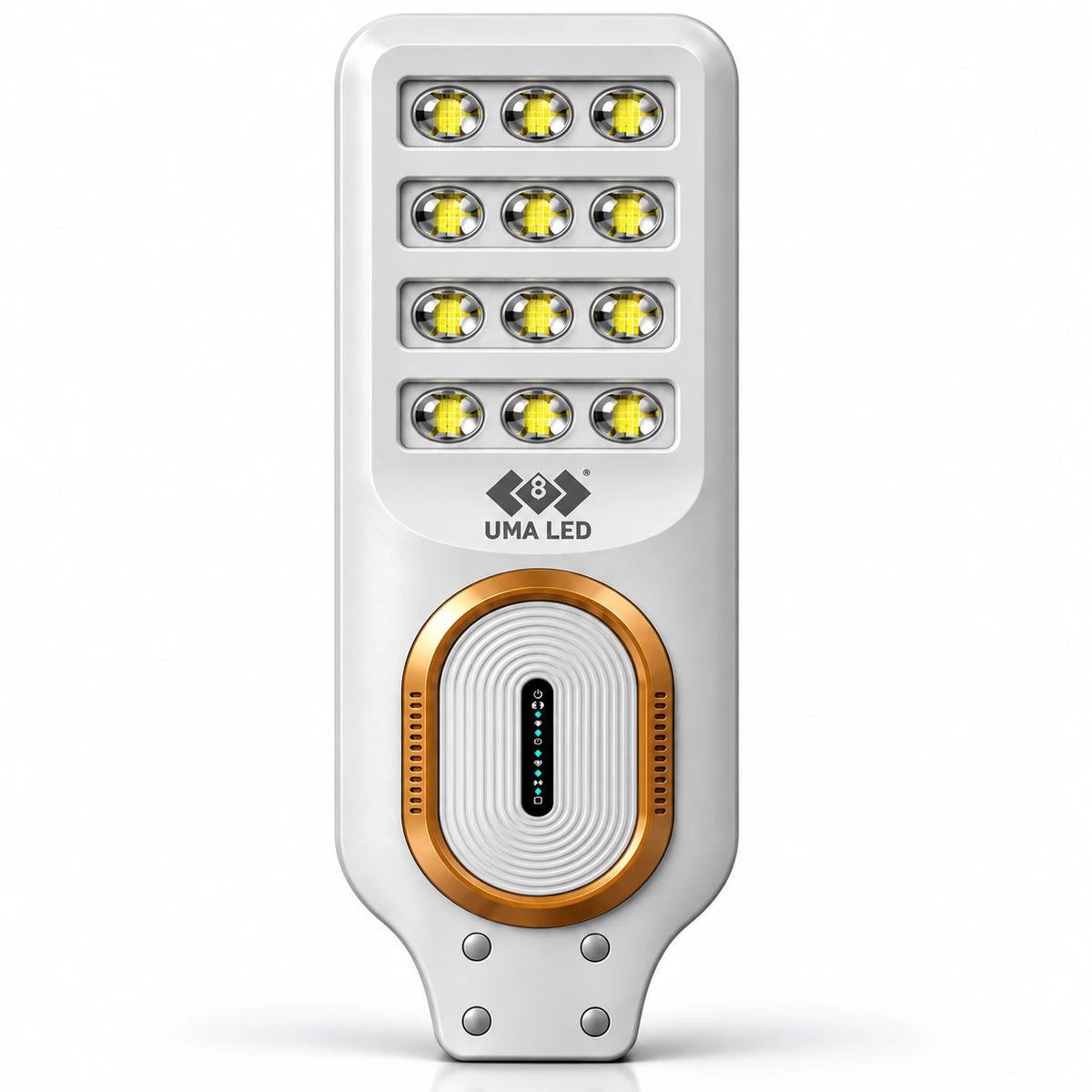 A white rectangular LED light bar with twelve small yellow LED chips arranged in four rows, featuring a metallic gold oval accent and the UMA LED logo in the center, set against a clean white background.