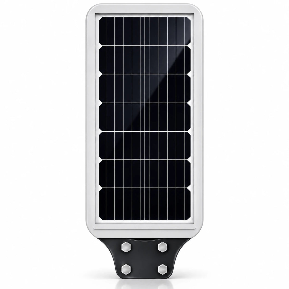 A vertical solar panel light fixture with a white frame, dark blue solar cells, and a black mounting base, shown on a solid white background.